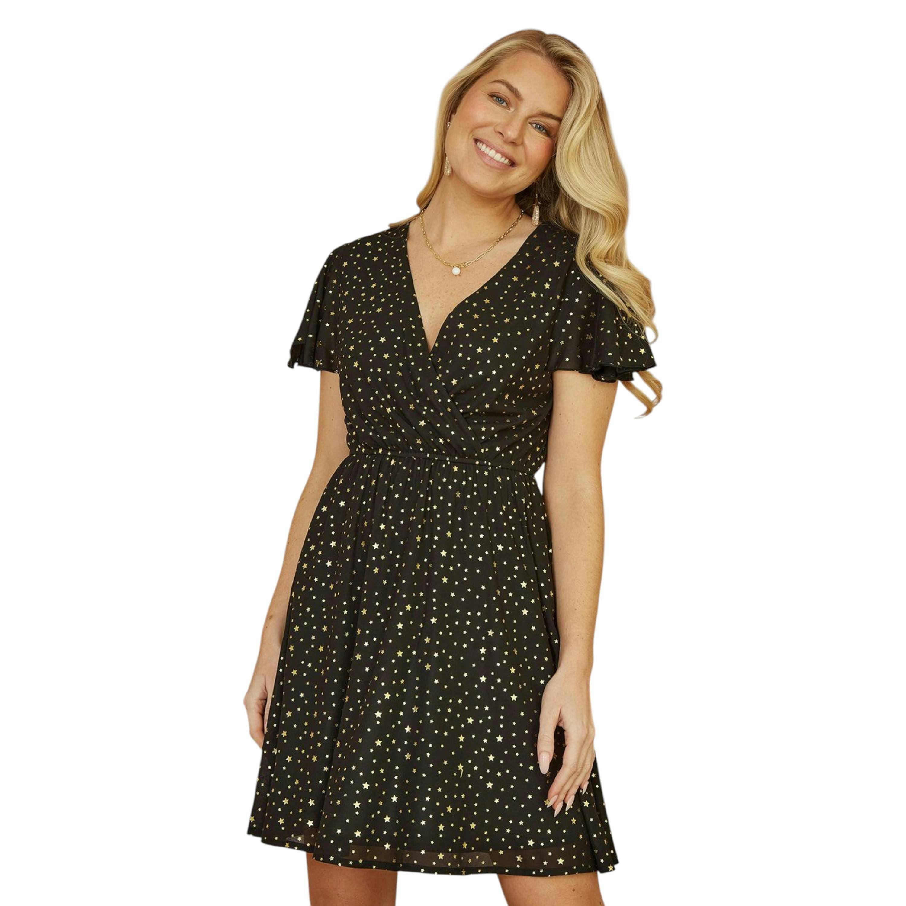 Yumi Black Skater Dress With Mini Star Foil Print , view 1 of 4