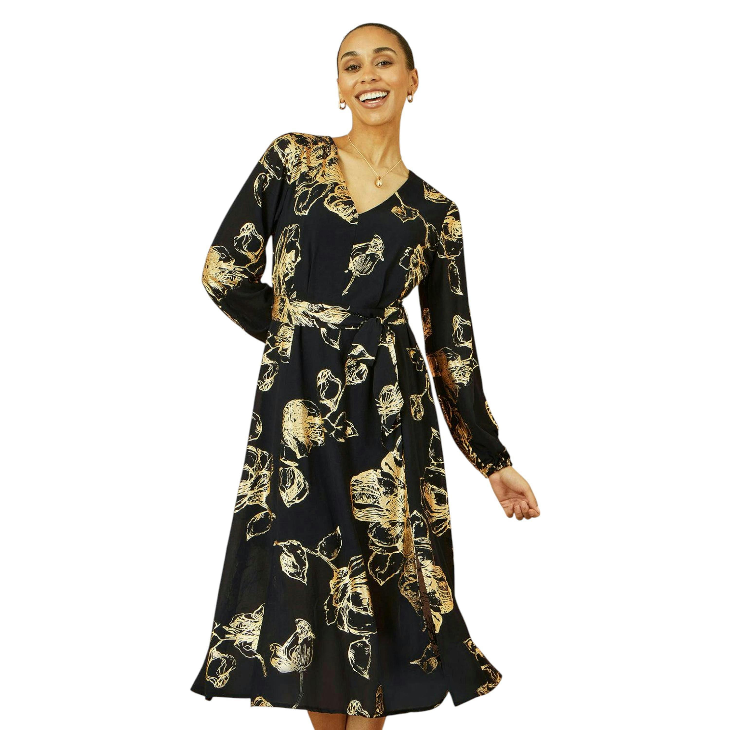 Yumi Black Foil Rose Print Midi Dress , view 1 of 6