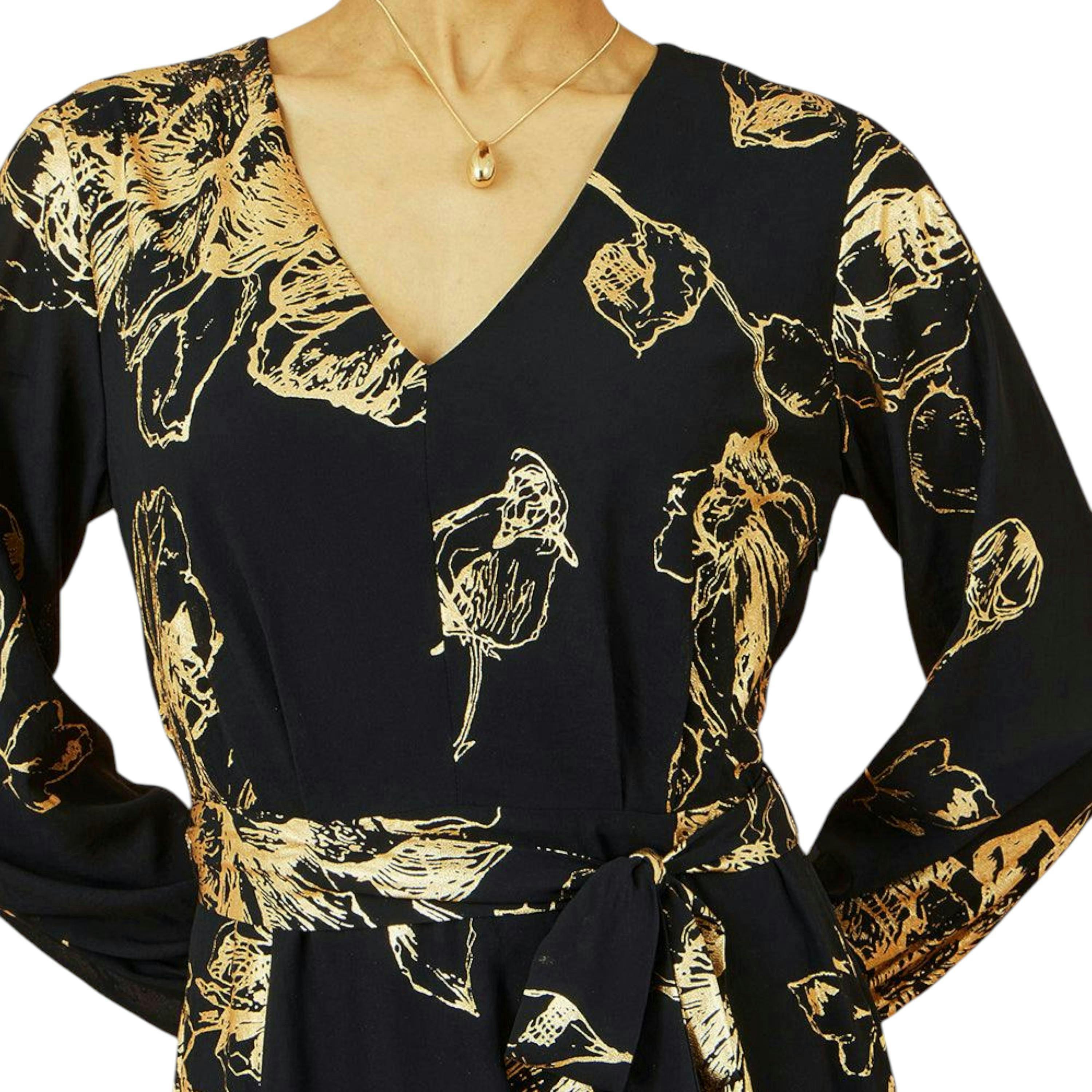 Yumi Black Foil Rose Print Midi Dress , view 2 of 6