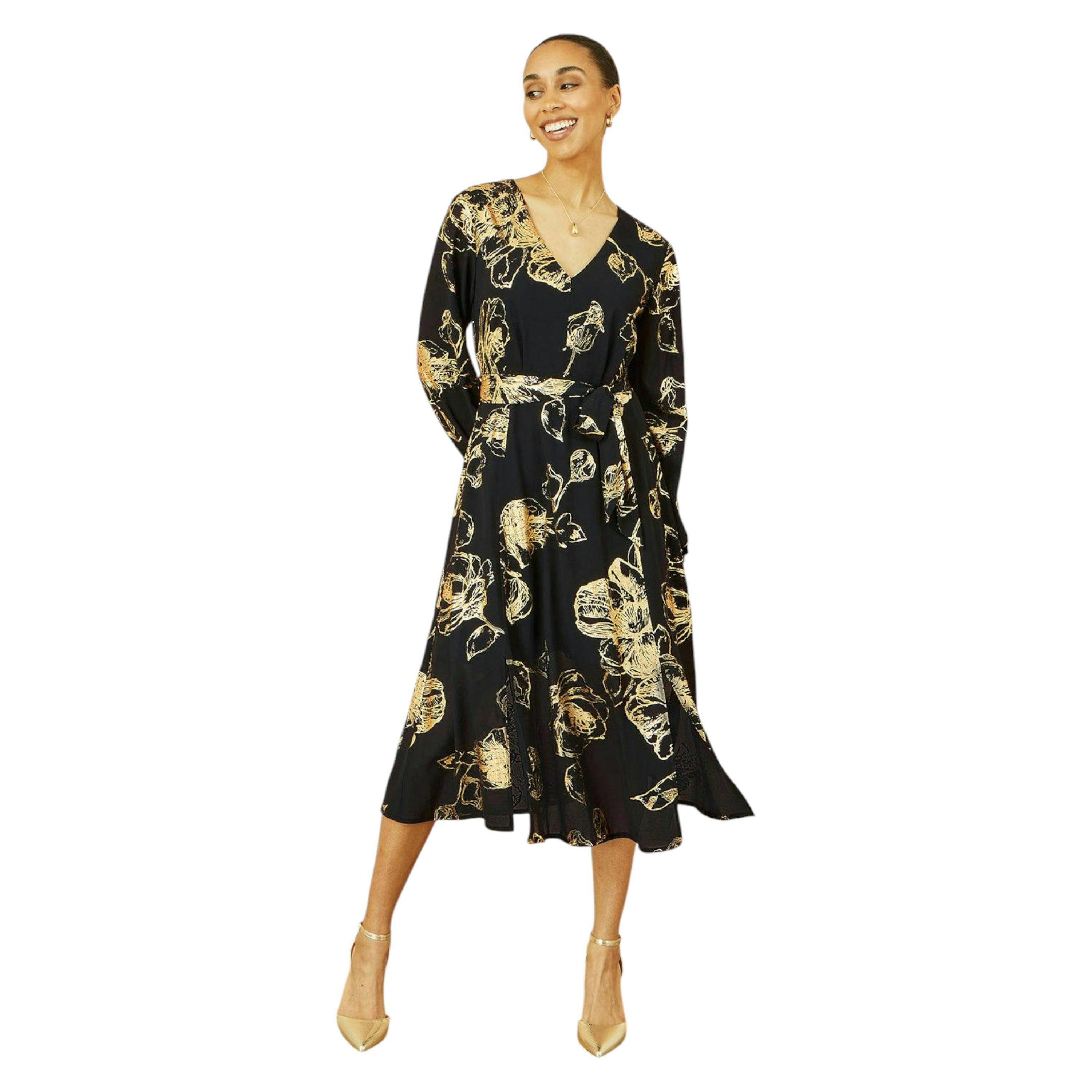 Yumi Black Foil Rose Print Midi Dress , view 3 of 6