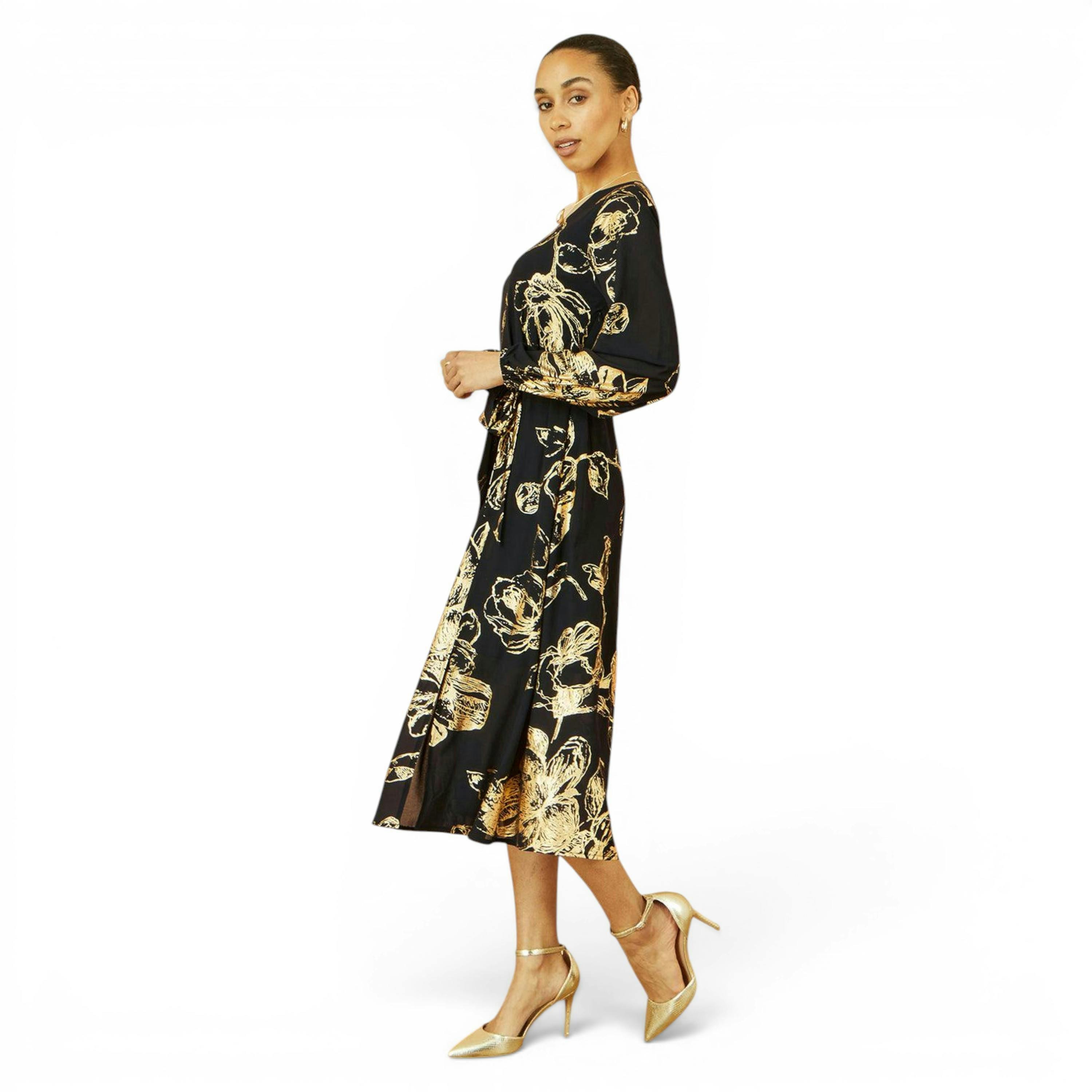 Yumi Black Foil Rose Print Midi Dress , view 4 of 6