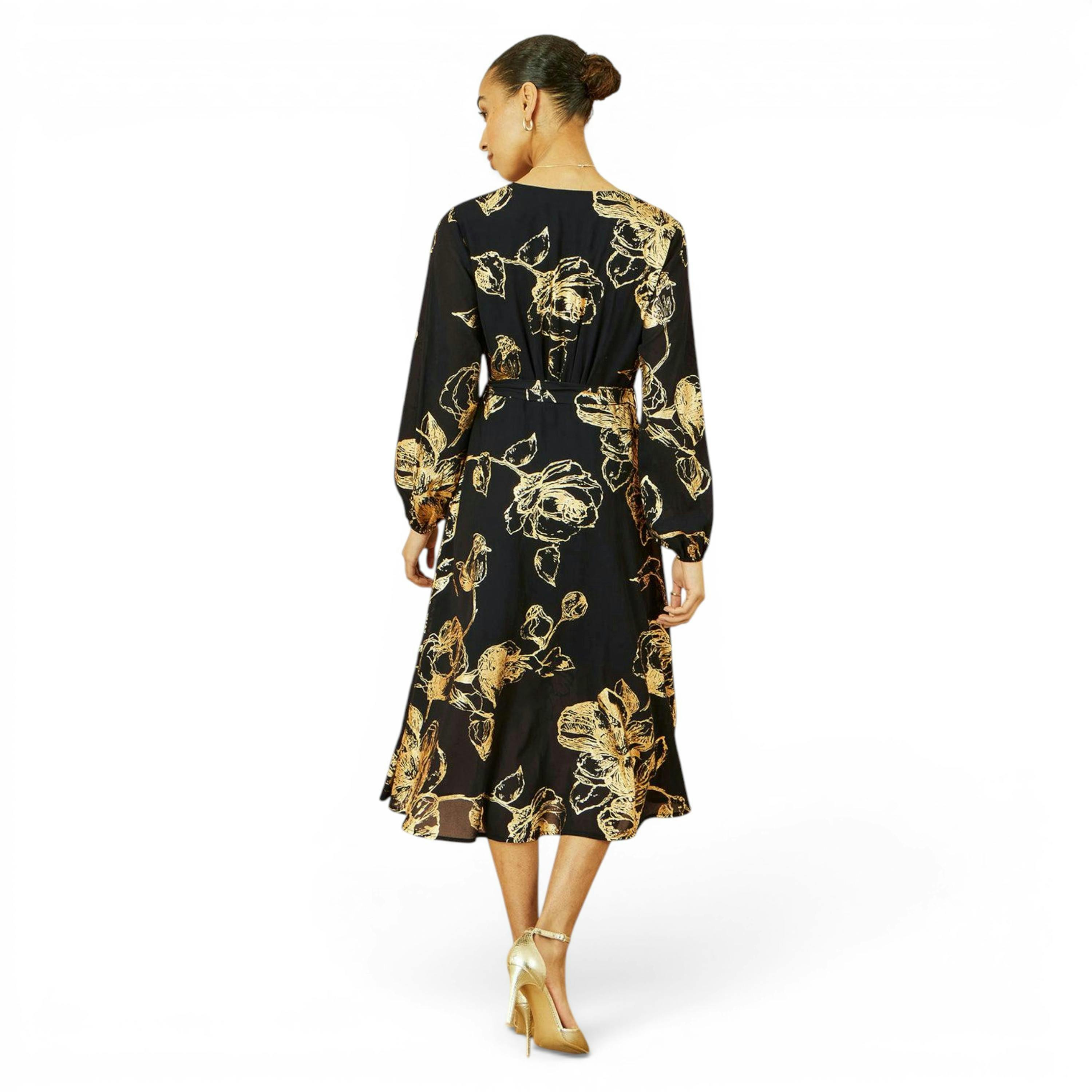 Yumi Black Foil Rose Print Midi Dress , view 5 of 6