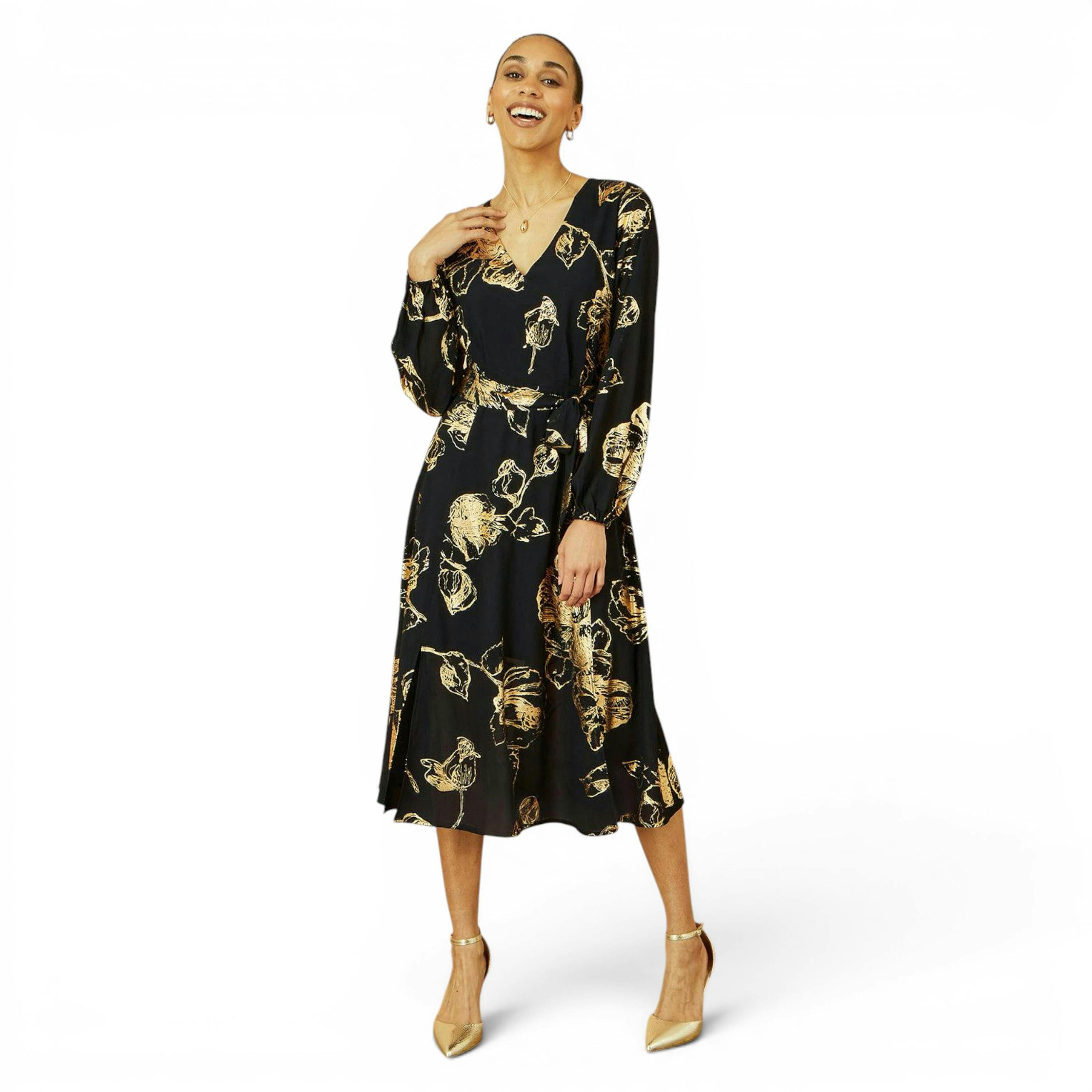 Yumi Black Foil Rose Print Midi Dress , view 6 of 6