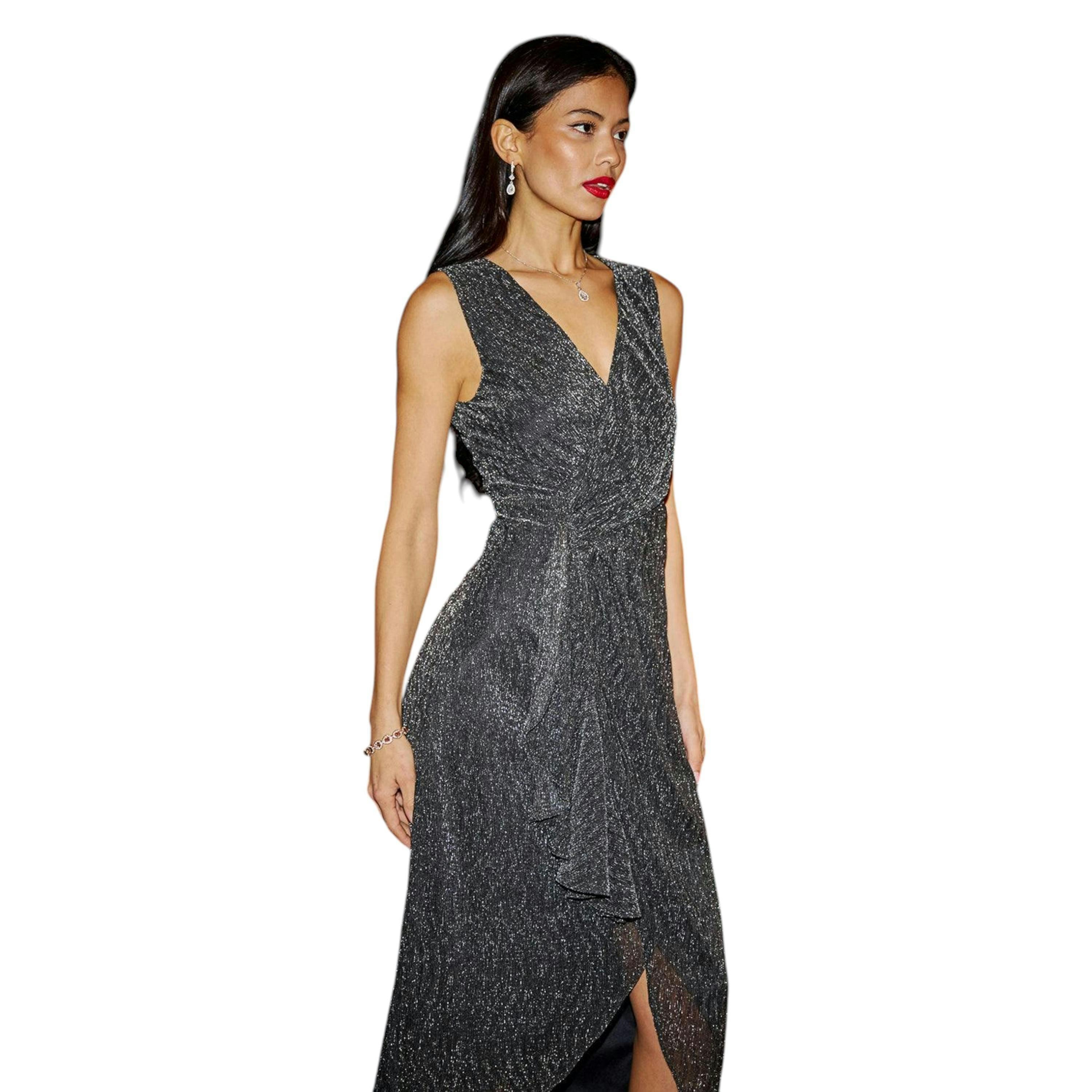 Yumi Black Metallic Pleated Frill Wrap Midi Dress , view 2 of 6