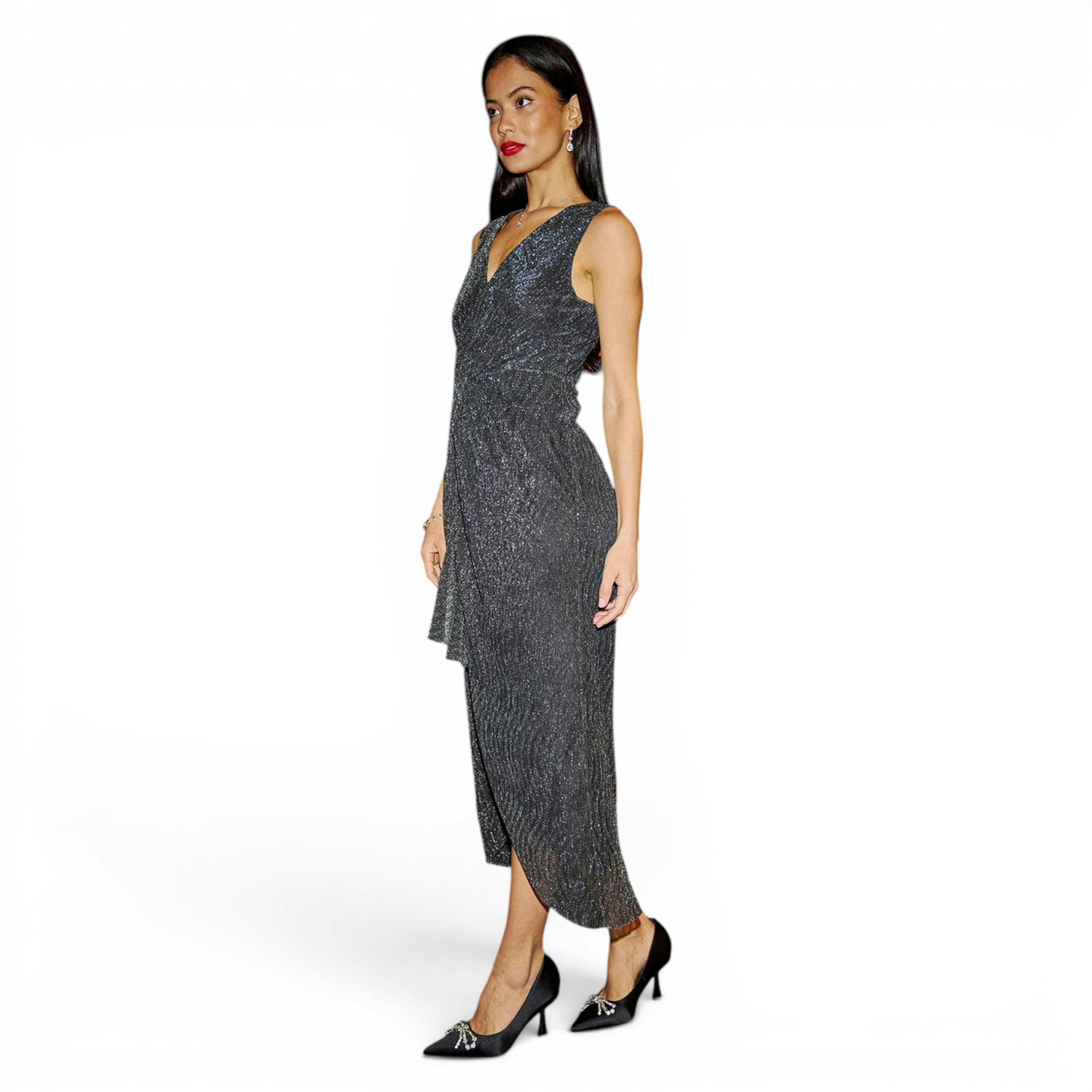 Yumi Black Metallic Pleated Frill Wrap Midi Dress , view 3 of 6