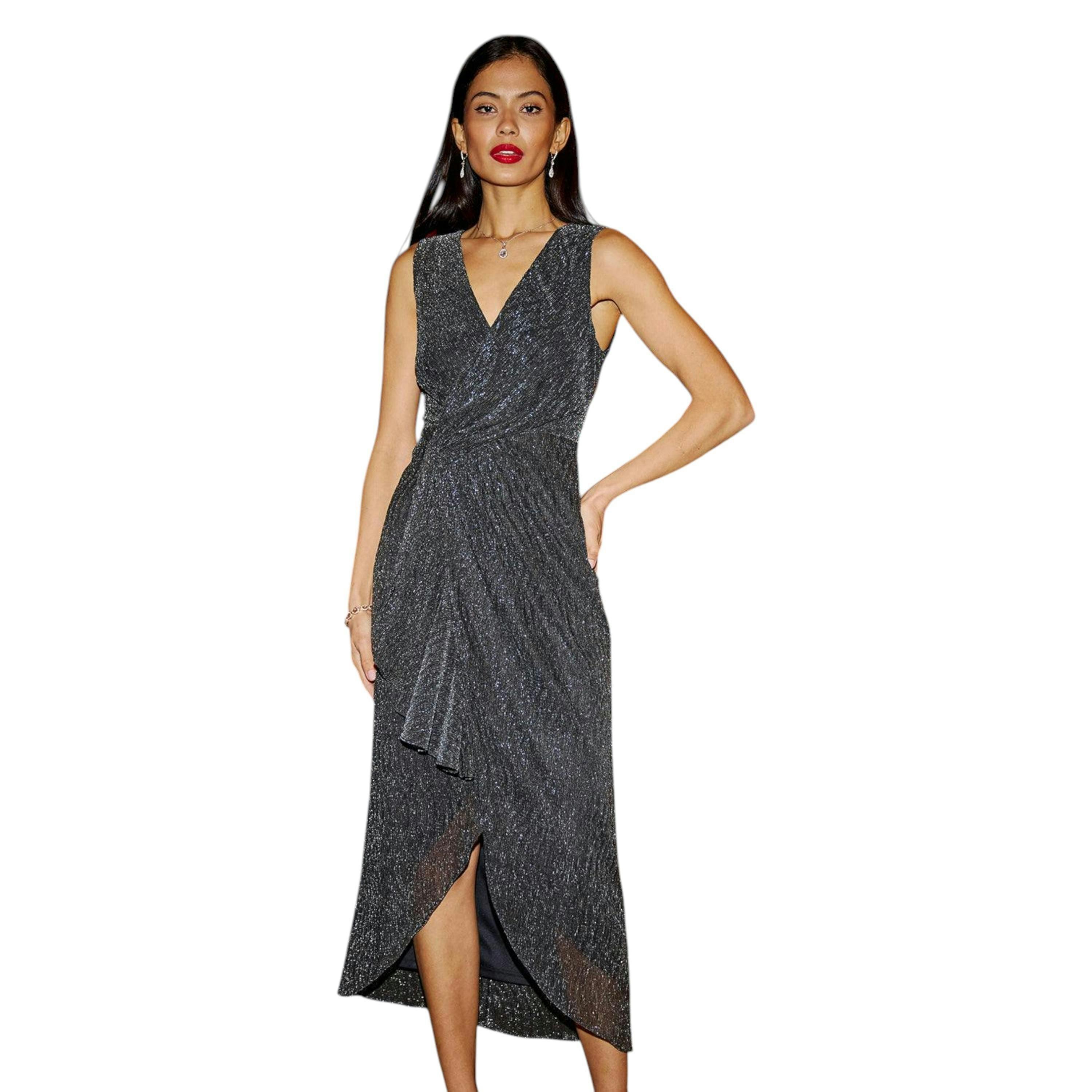 Yumi Black Metallic Pleated Frill Wrap Midi Dress , view 4 of 6