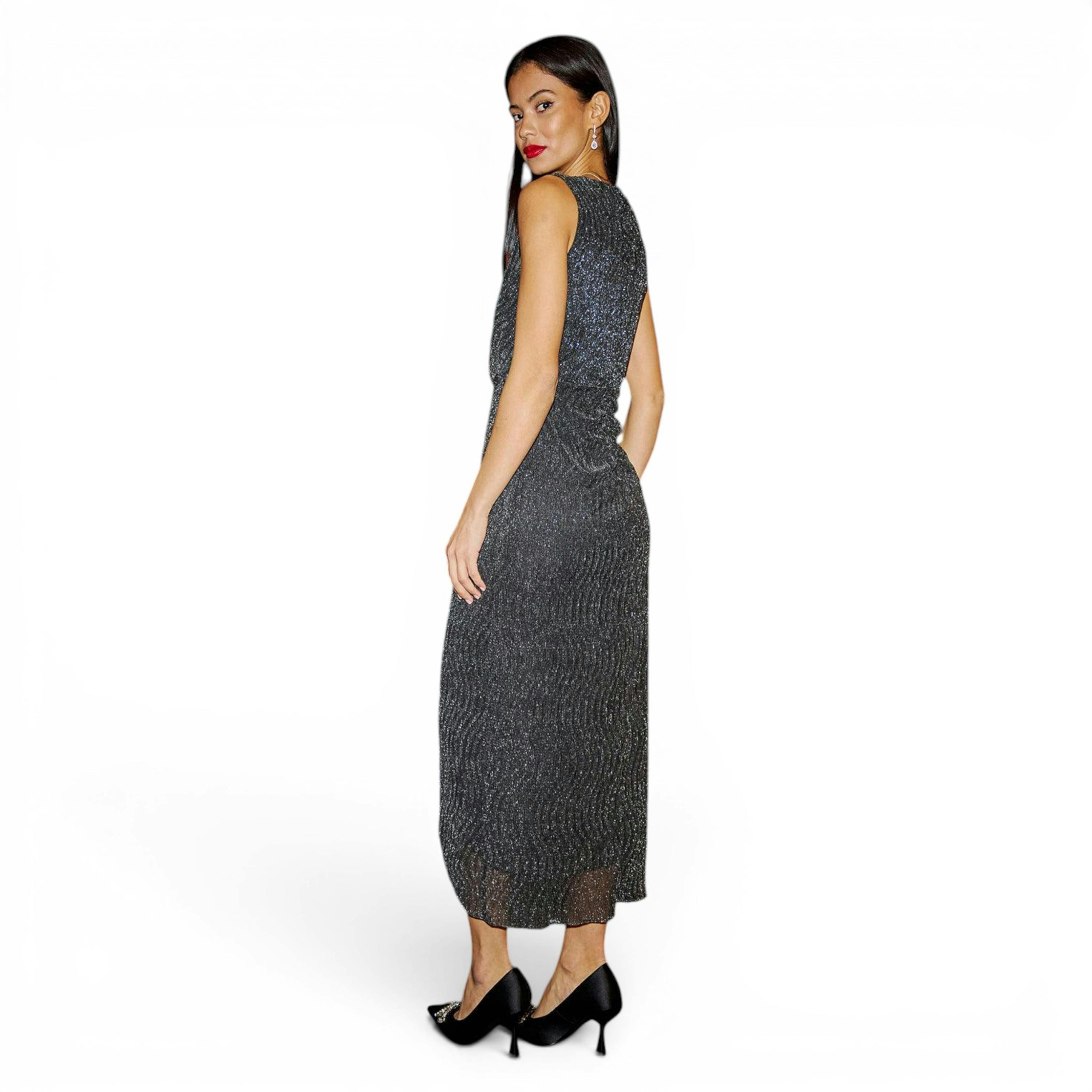 Yumi Black Metallic Pleated Frill Wrap Midi Dress , view 5 of 6