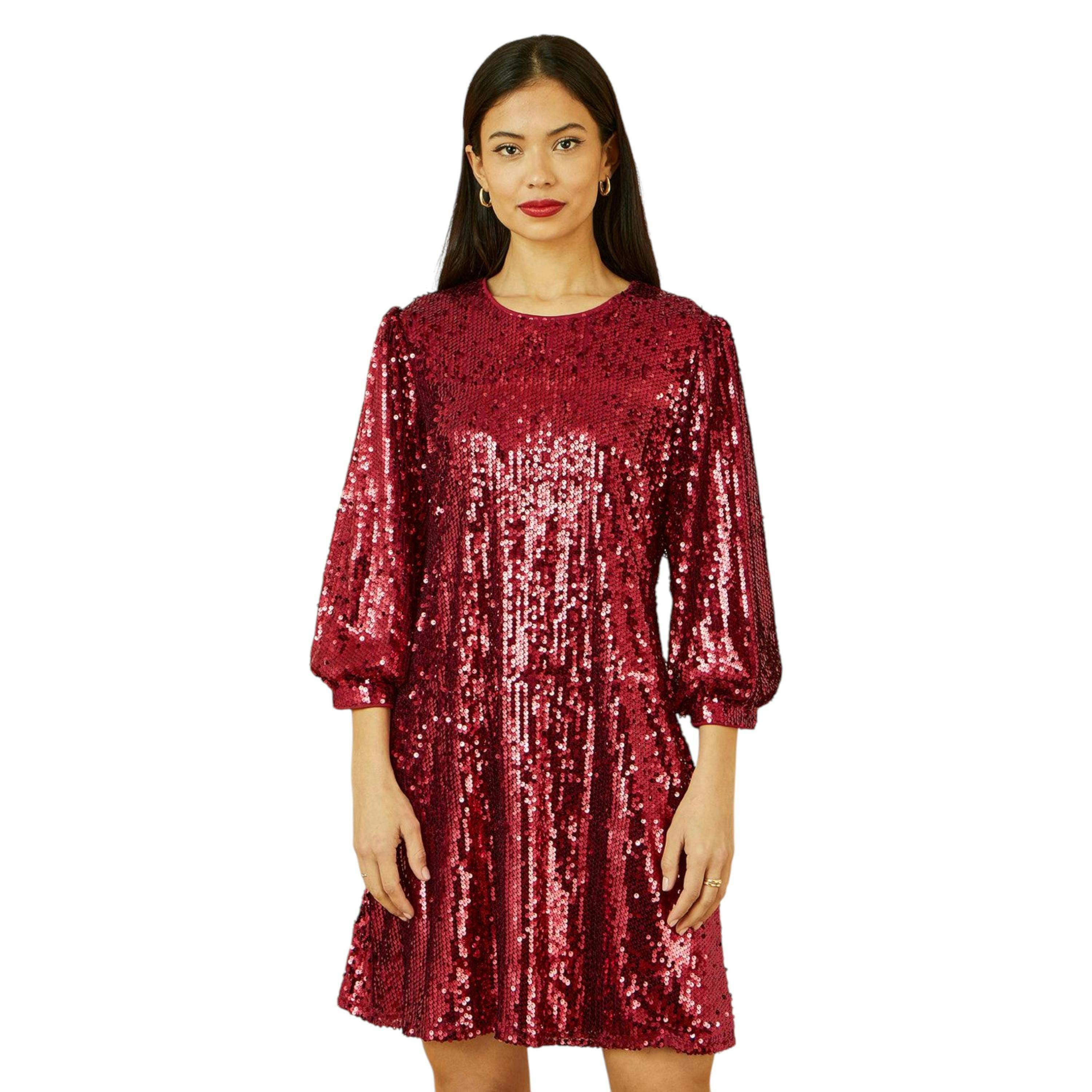 Yumi Burgundy Sequin Tunic Dress With Balloon Sleeves , view 1 of 6