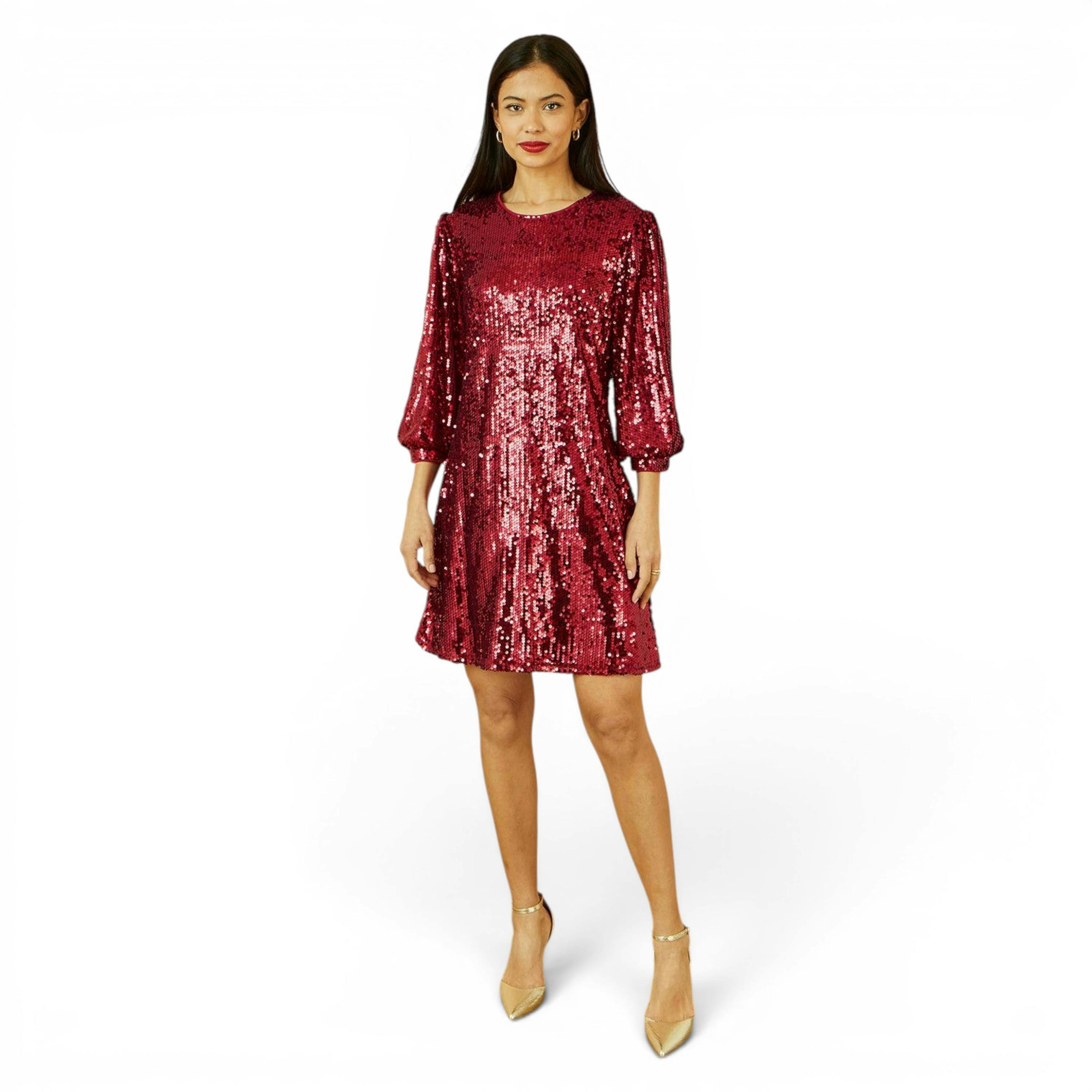Yumi Burgundy Sequin Tunic Dress With Balloon Sleeves , view 2 of 6