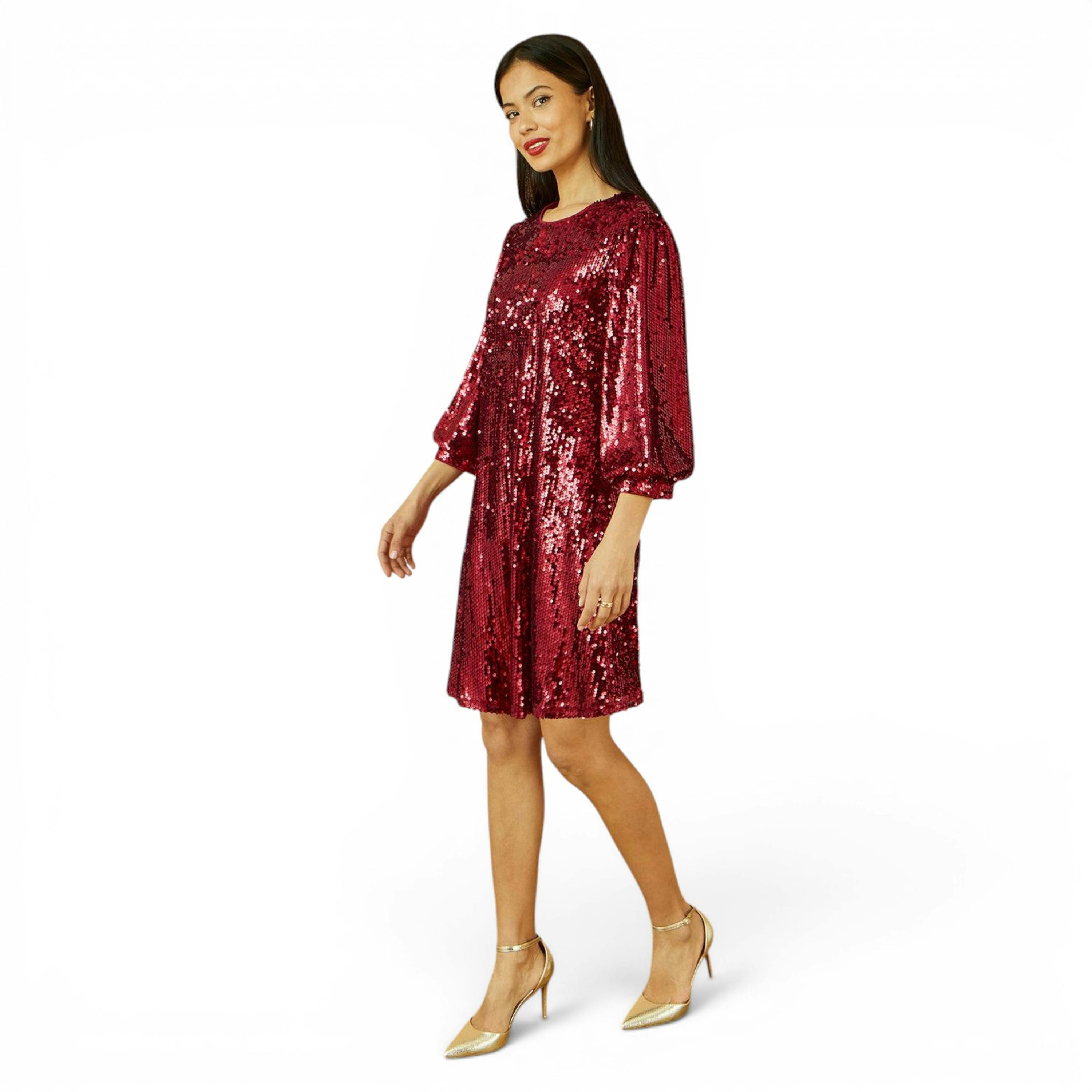 Yumi Burgundy Sequin Tunic Dress With Balloon Sleeves , view 3 of 6