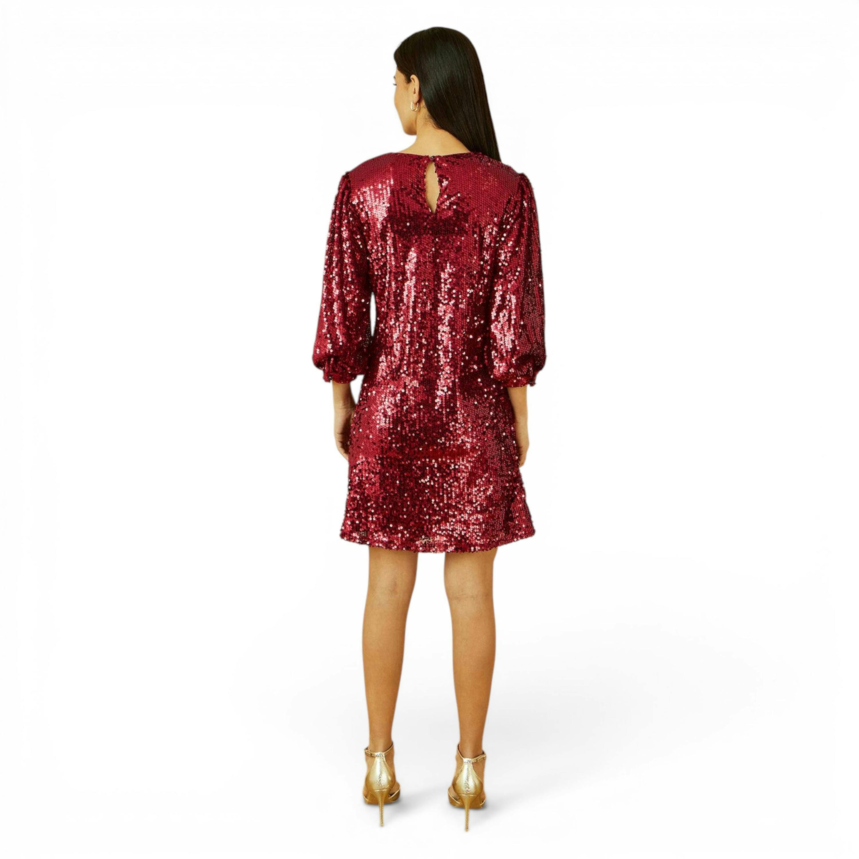 Yumi Burgundy Sequin Tunic Dress With Balloon Sleeves , view 4 of 6