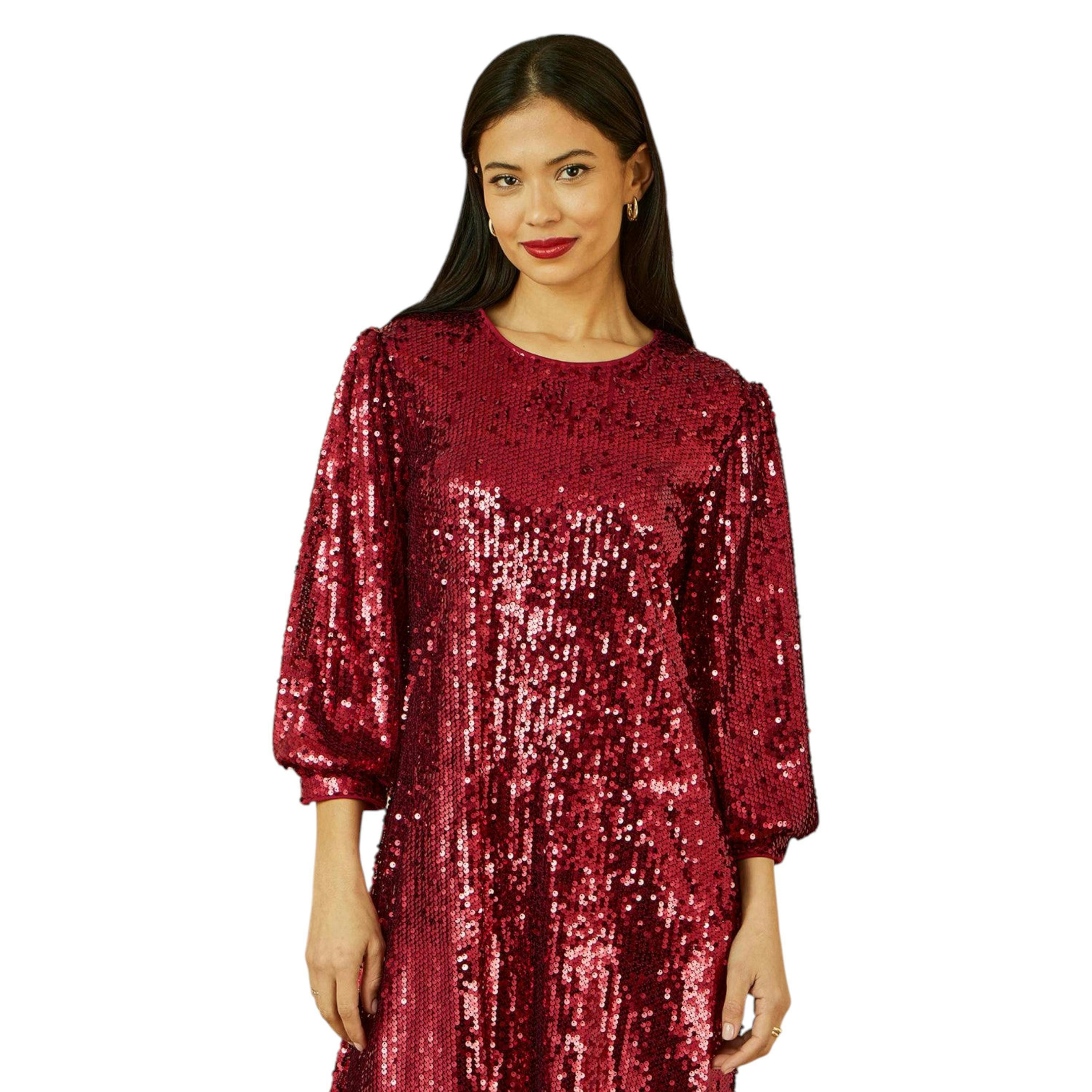 Yumi Burgundy Sequin Tunic Dress With Balloon Sleeves , view 5 of 6