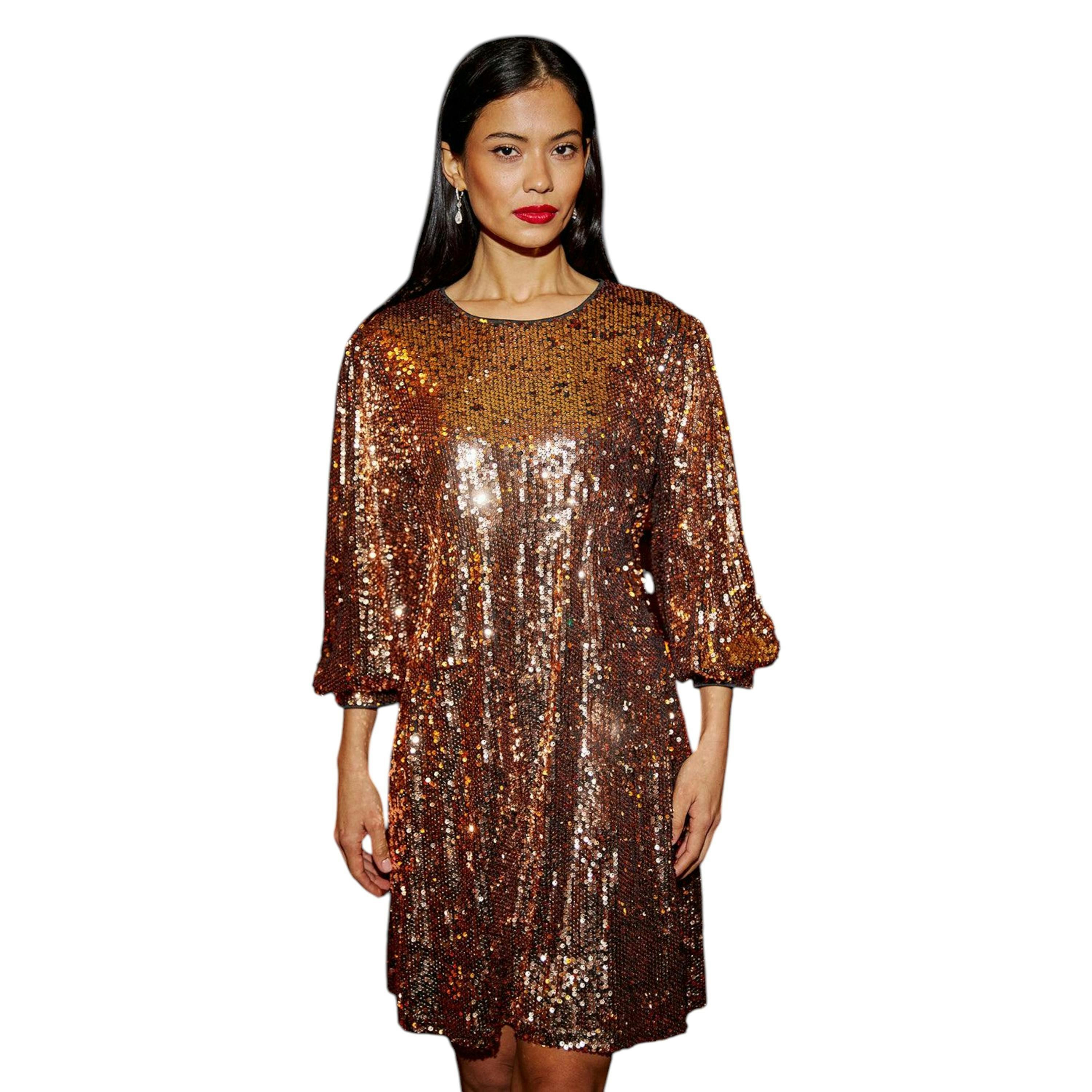 Yumi Gold Sequin Tunic Dress With Balloon Sleeves , view 1 of 6