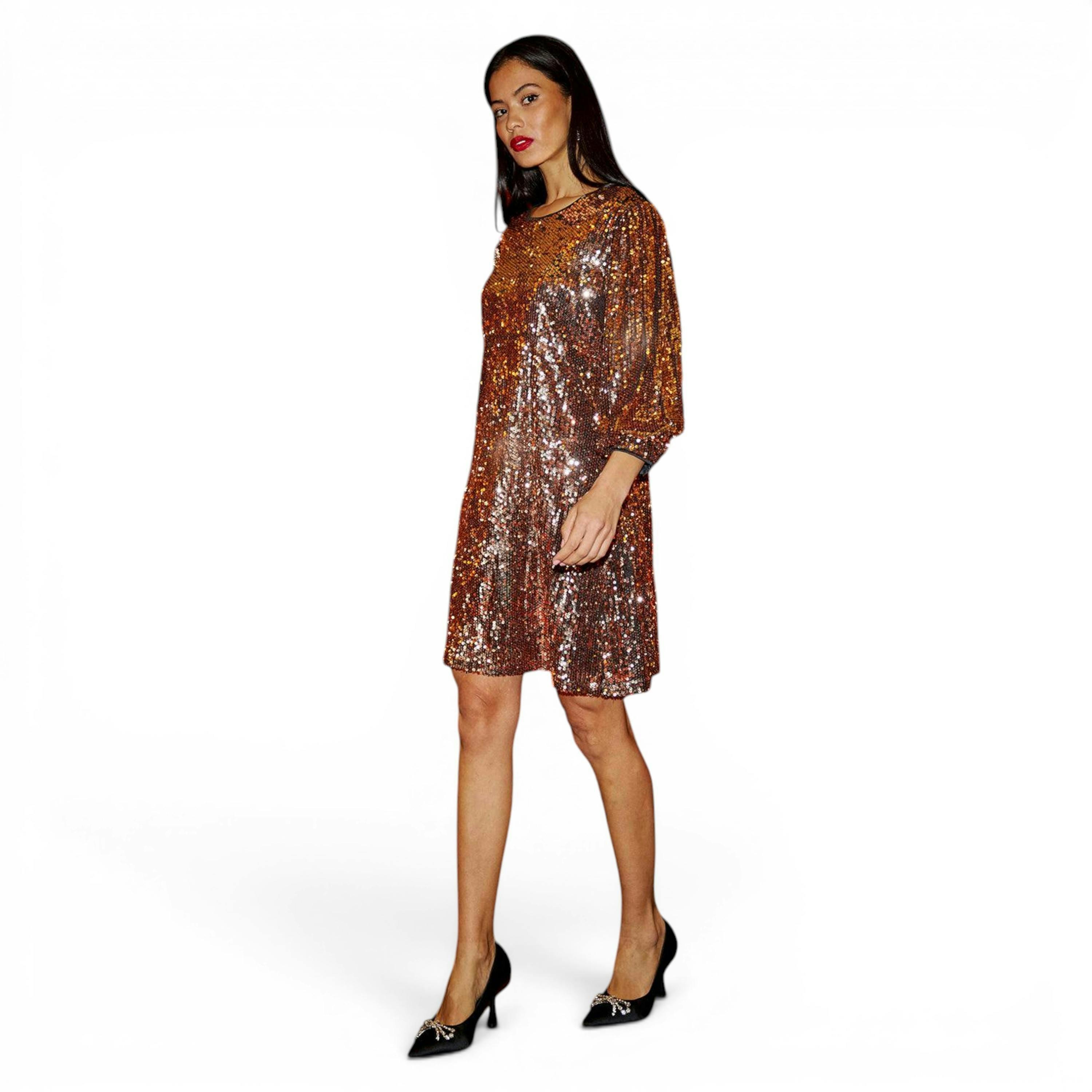 Yumi Gold Sequin Tunic Dress With Balloon Sleeves , view 5 of 6
