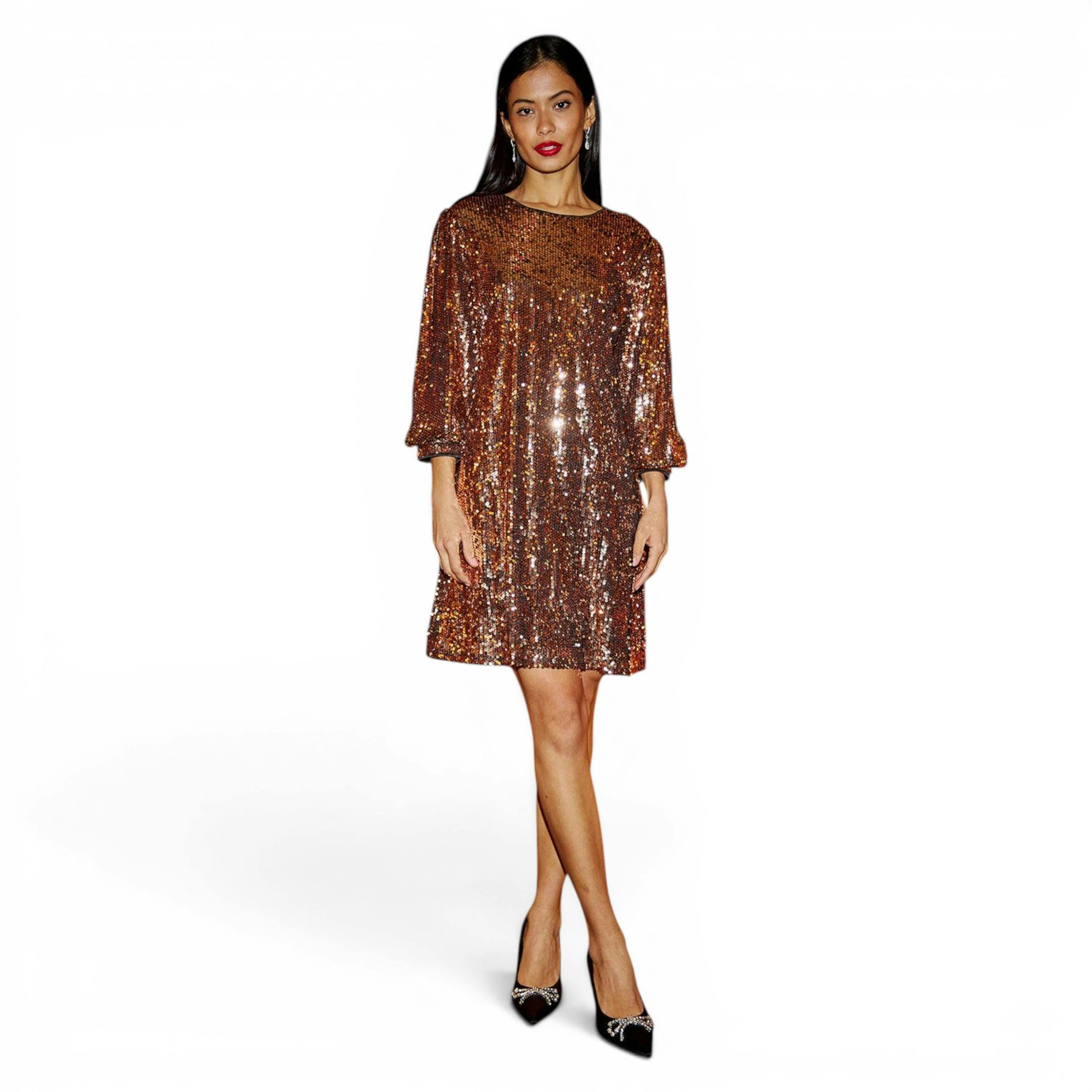 Yumi Gold Sequin Tunic Dress With Balloon Sleeves , view 6 of 6