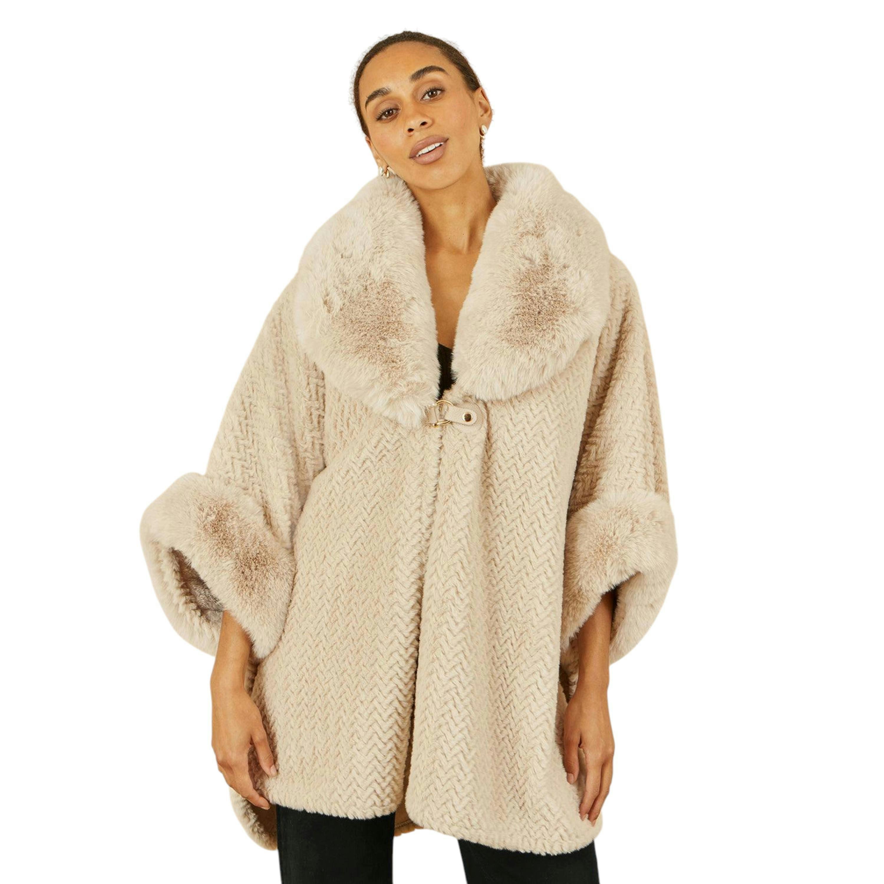 Yumi Beige Textured Fur Lined Cape , view 1 of 2