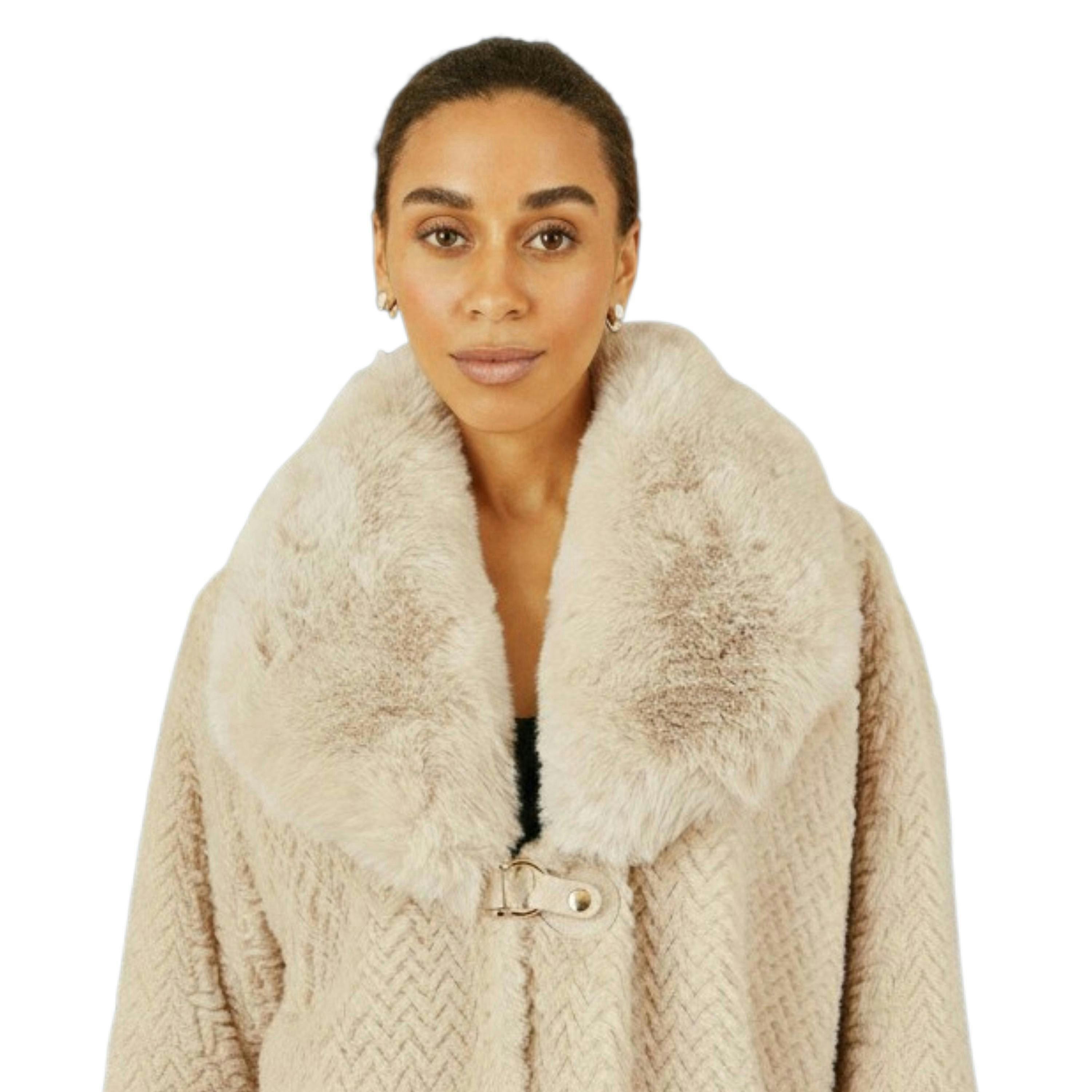 Yumi Beige Textured Fur Lined Cape , view 2 of 2