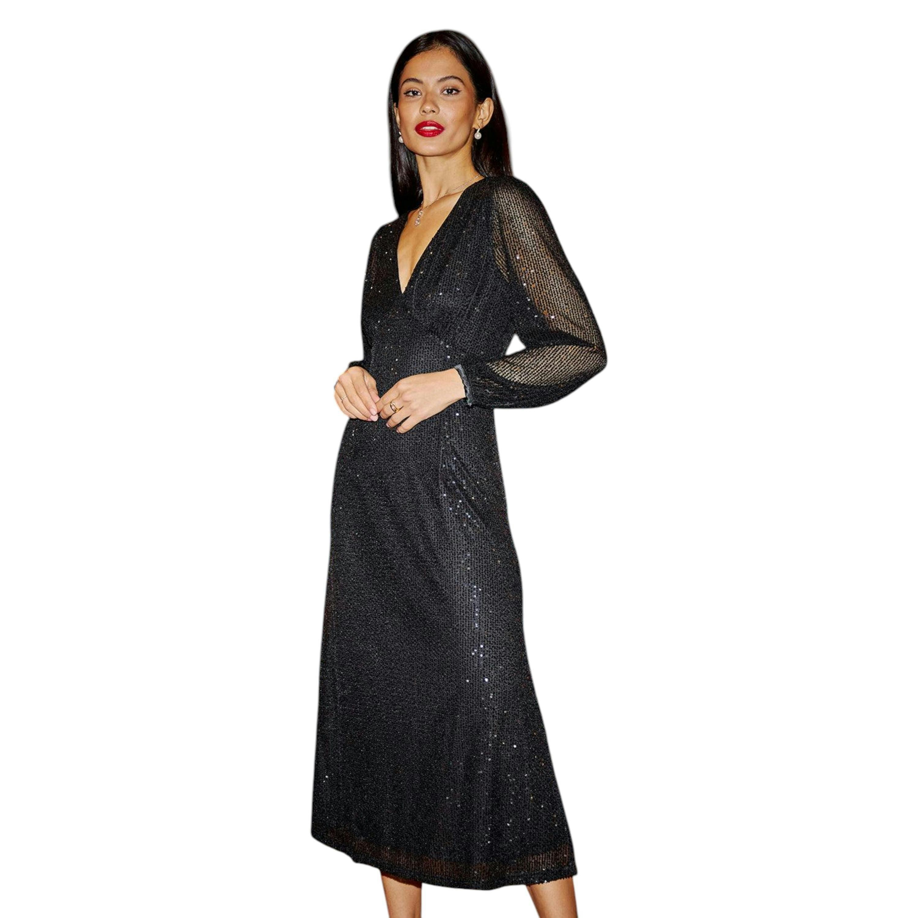 Yumi Black Sequin Long Sleeve Midi Dress , view 1 of 6
