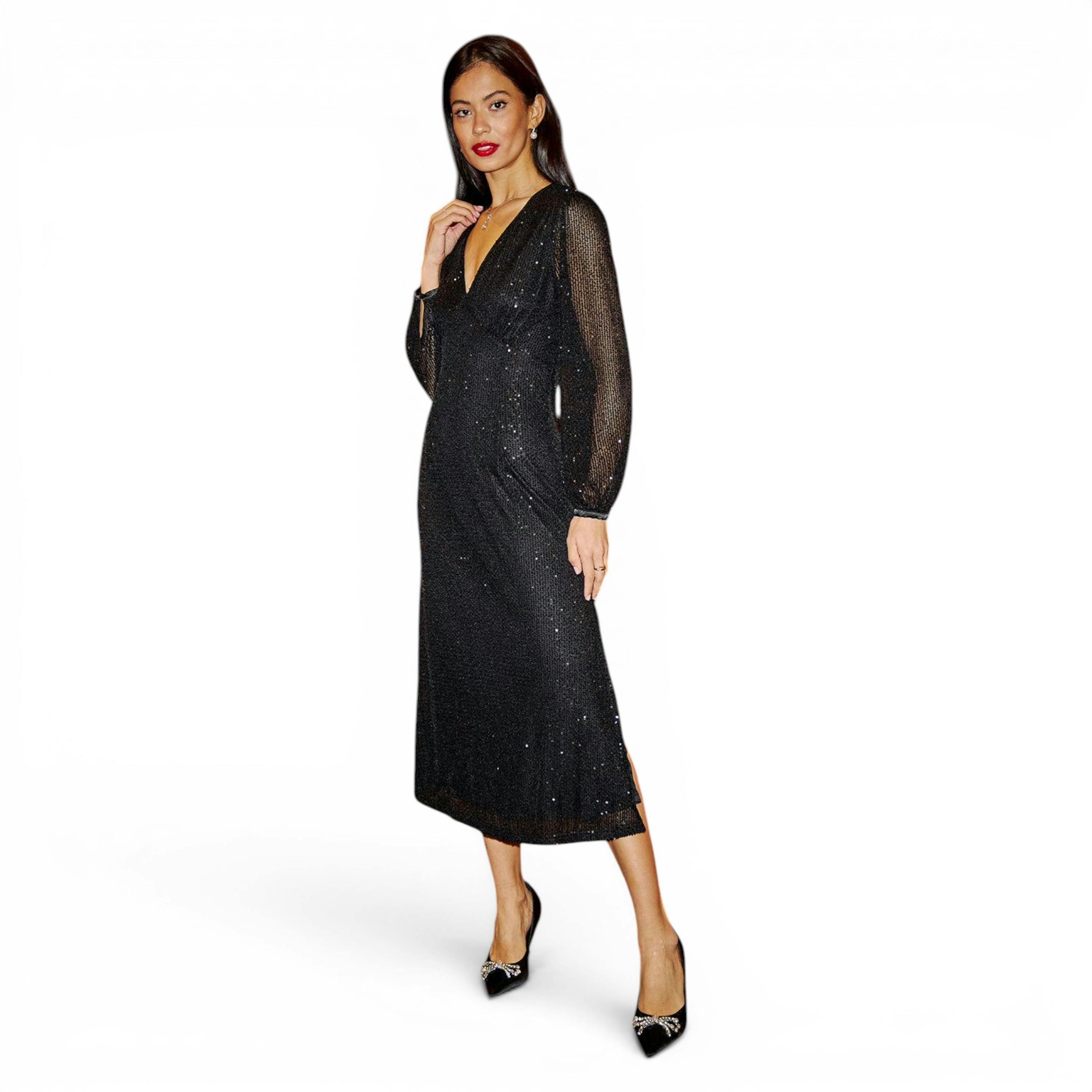 Yumi Black Sequin Long Sleeve Midi Dress , view 3 of 6