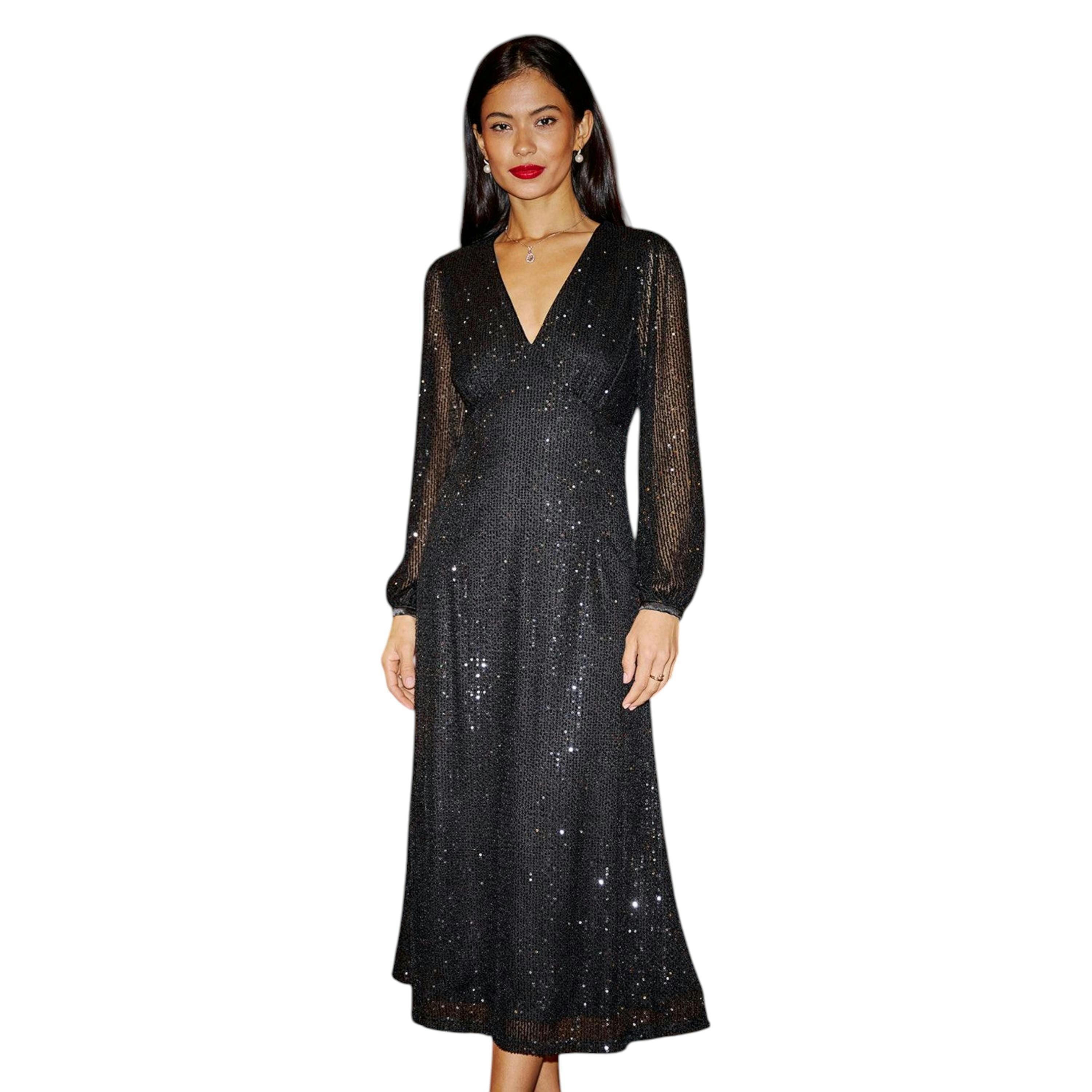Yumi Black Sequin Long Sleeve Midi Dress , view 4 of 6