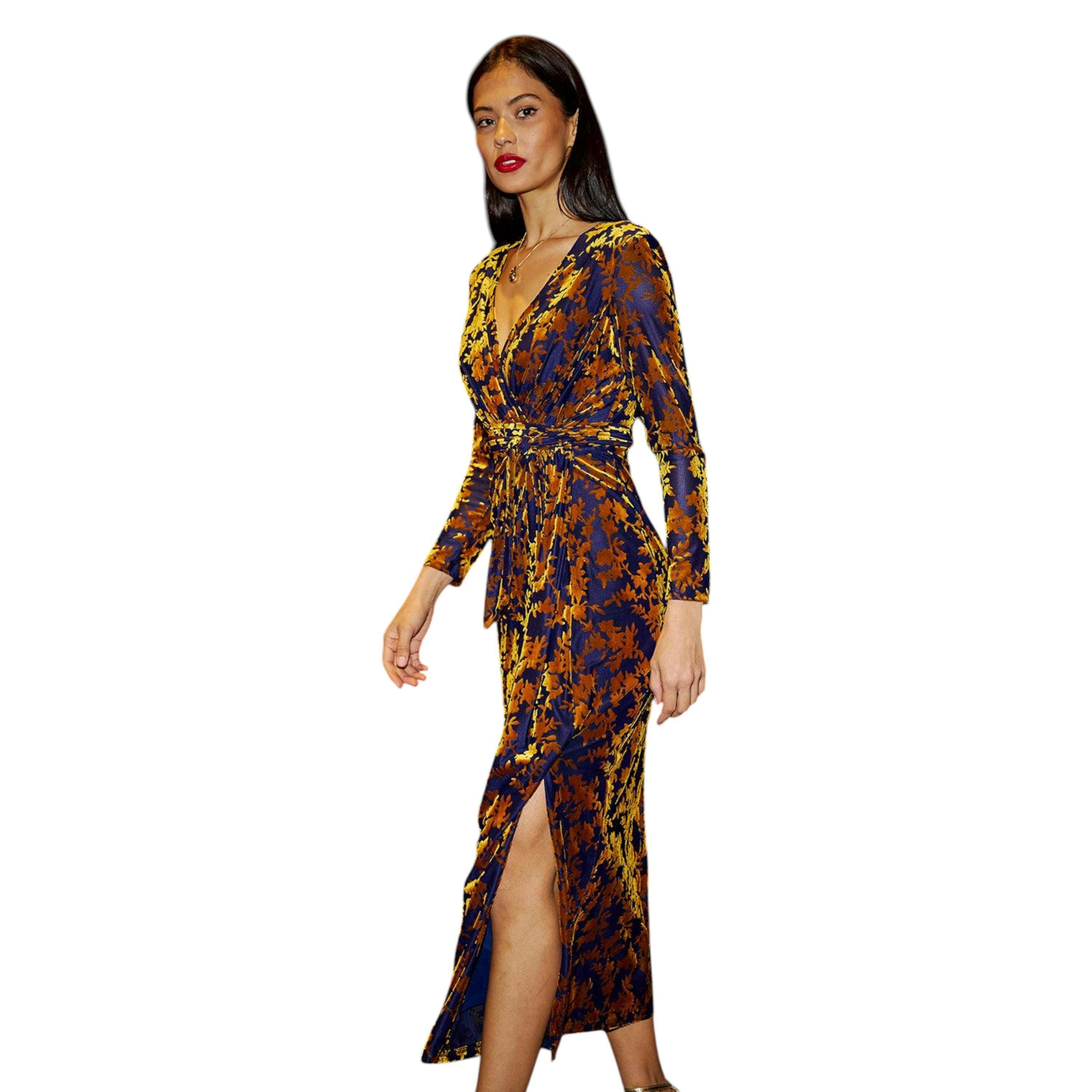 Yumi Navy Velour Stretch Midi Dress With Long Sleeves , view 2 of 6