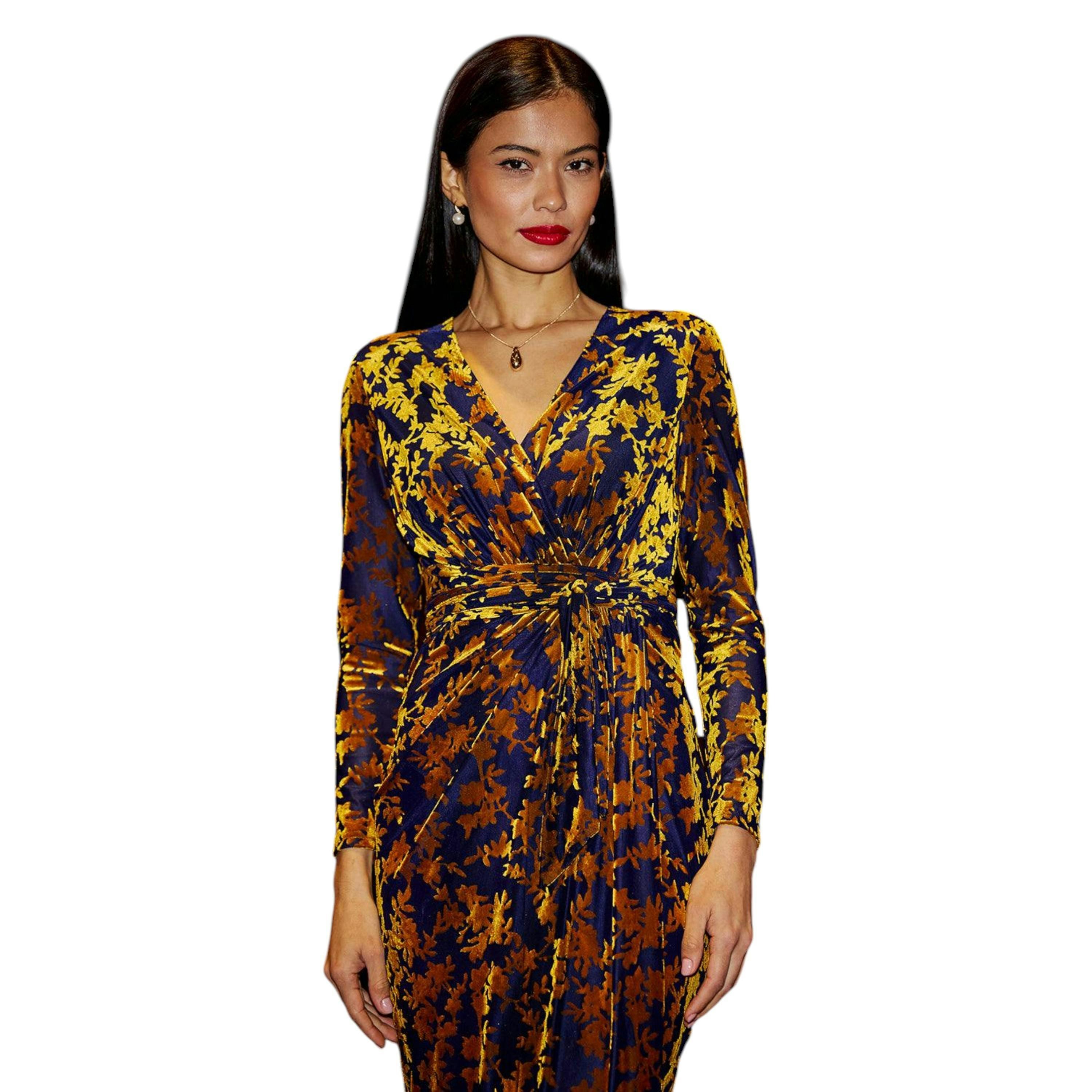 Yumi Navy Velour Stretch Midi Dress With Long Sleeves , view 3 of 6