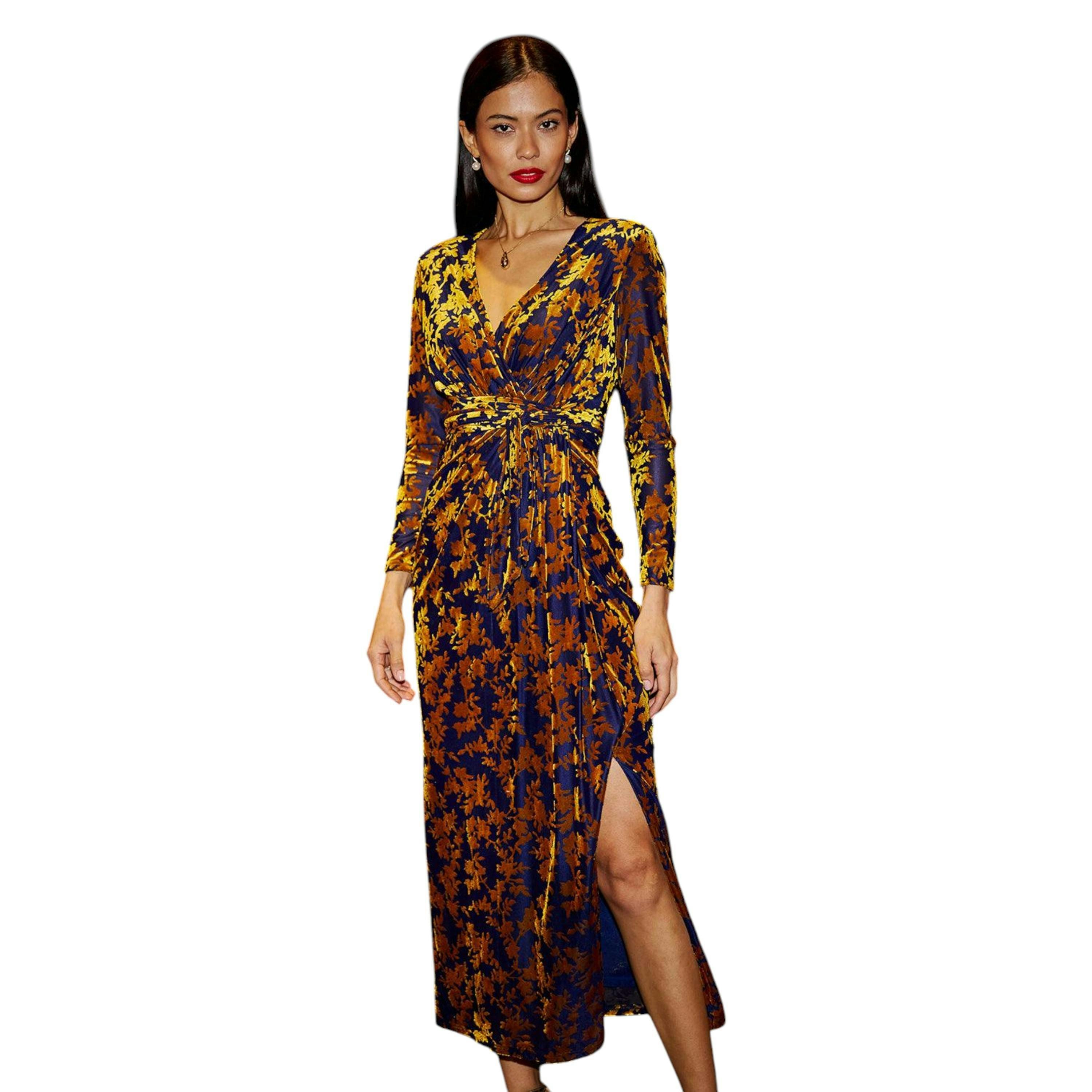 Yumi Navy Velour Stretch Midi Dress With Long Sleeves , view 4 of 6