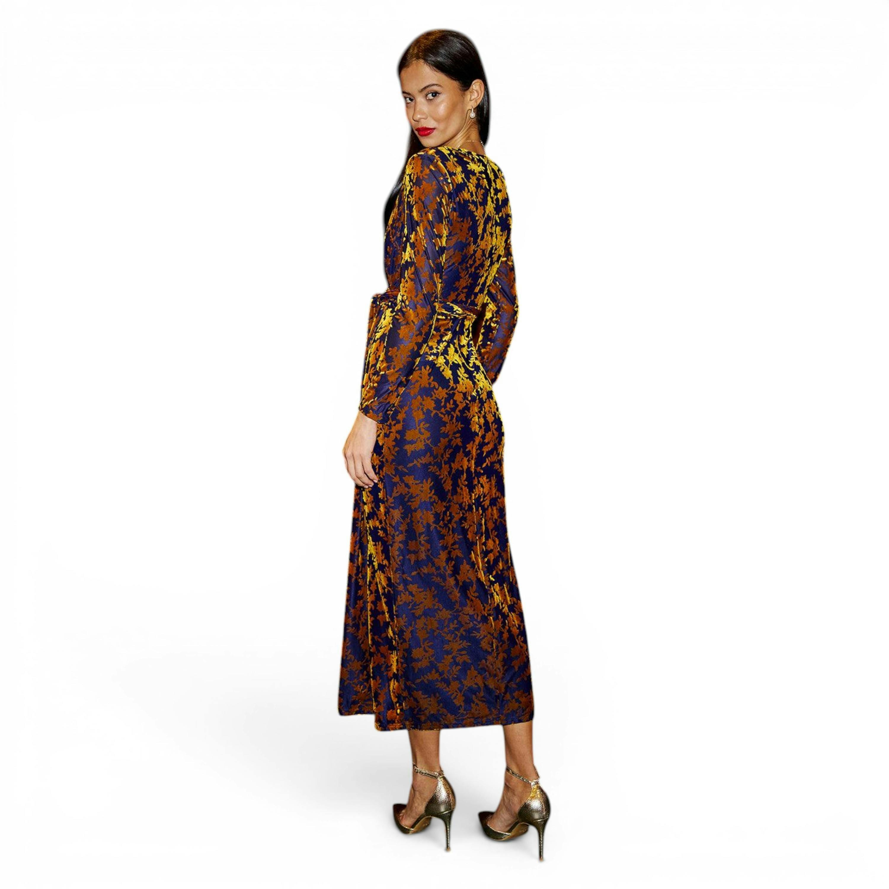 Yumi Navy Velour Stretch Midi Dress With Long Sleeves , view 5 of 6