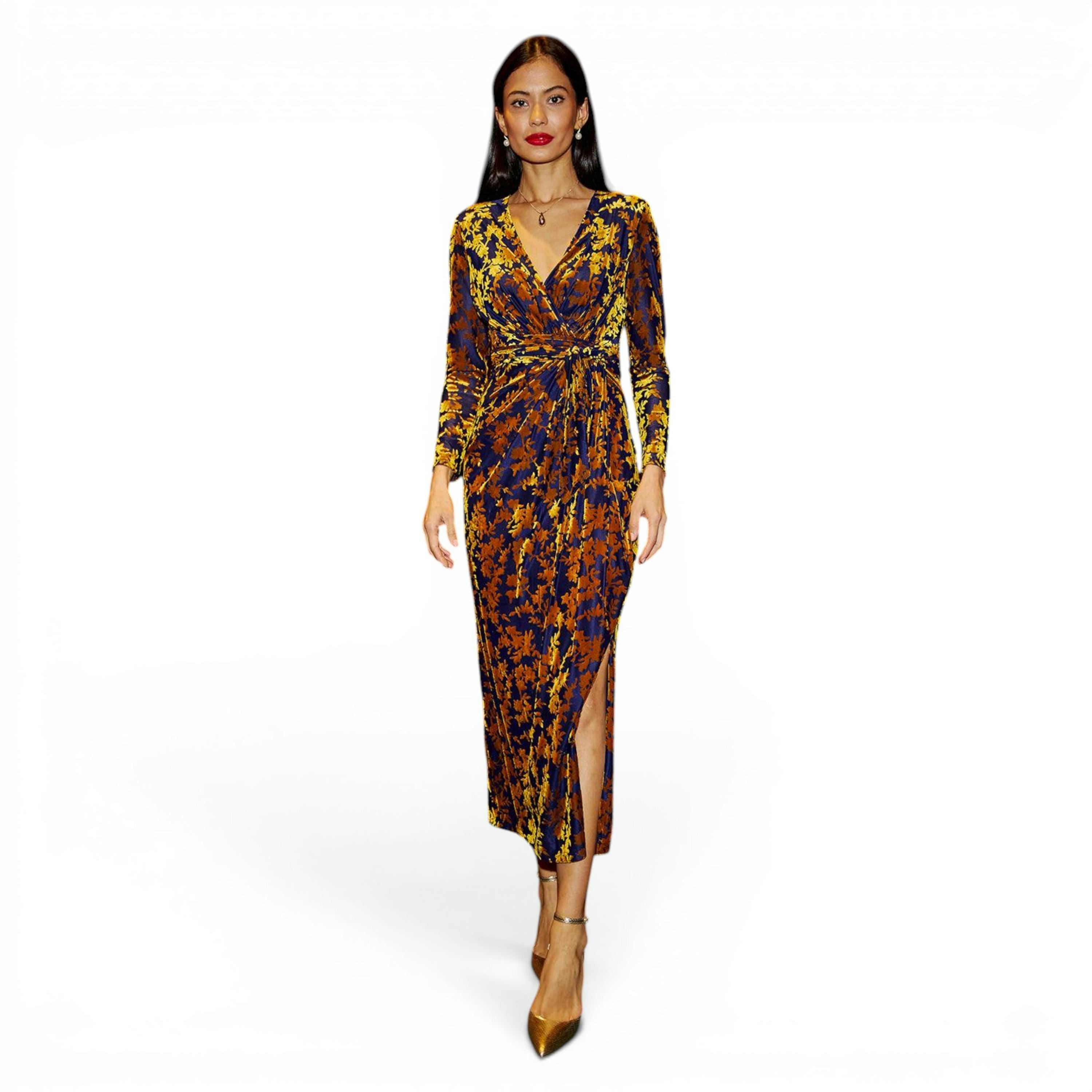 Yumi Navy Velour Stretch Midi Dress With Long Sleeves , view 6 of 6