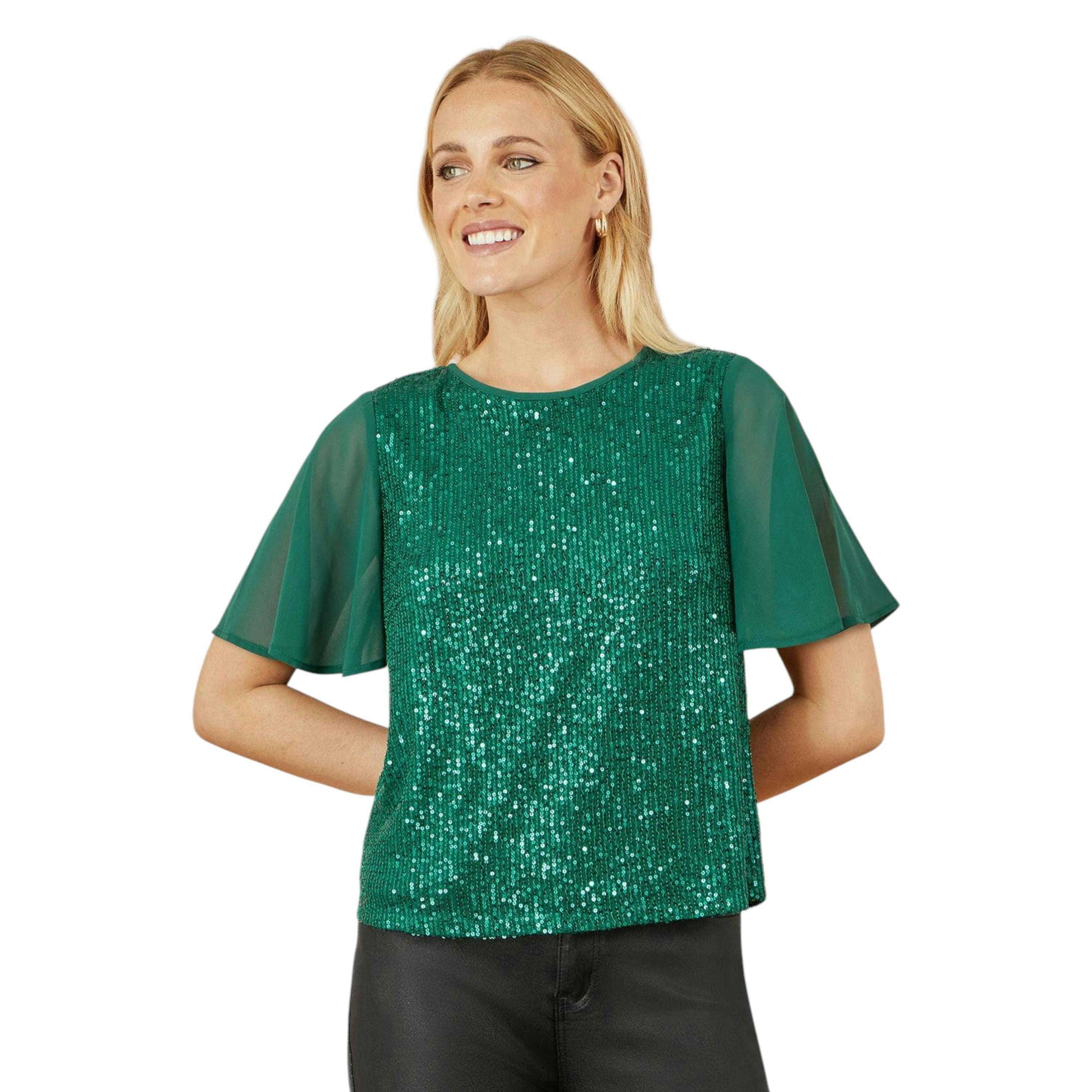 Yumi Green Sequin Top With Sheer Sleeves And Cut Out Back , view 1 of 6