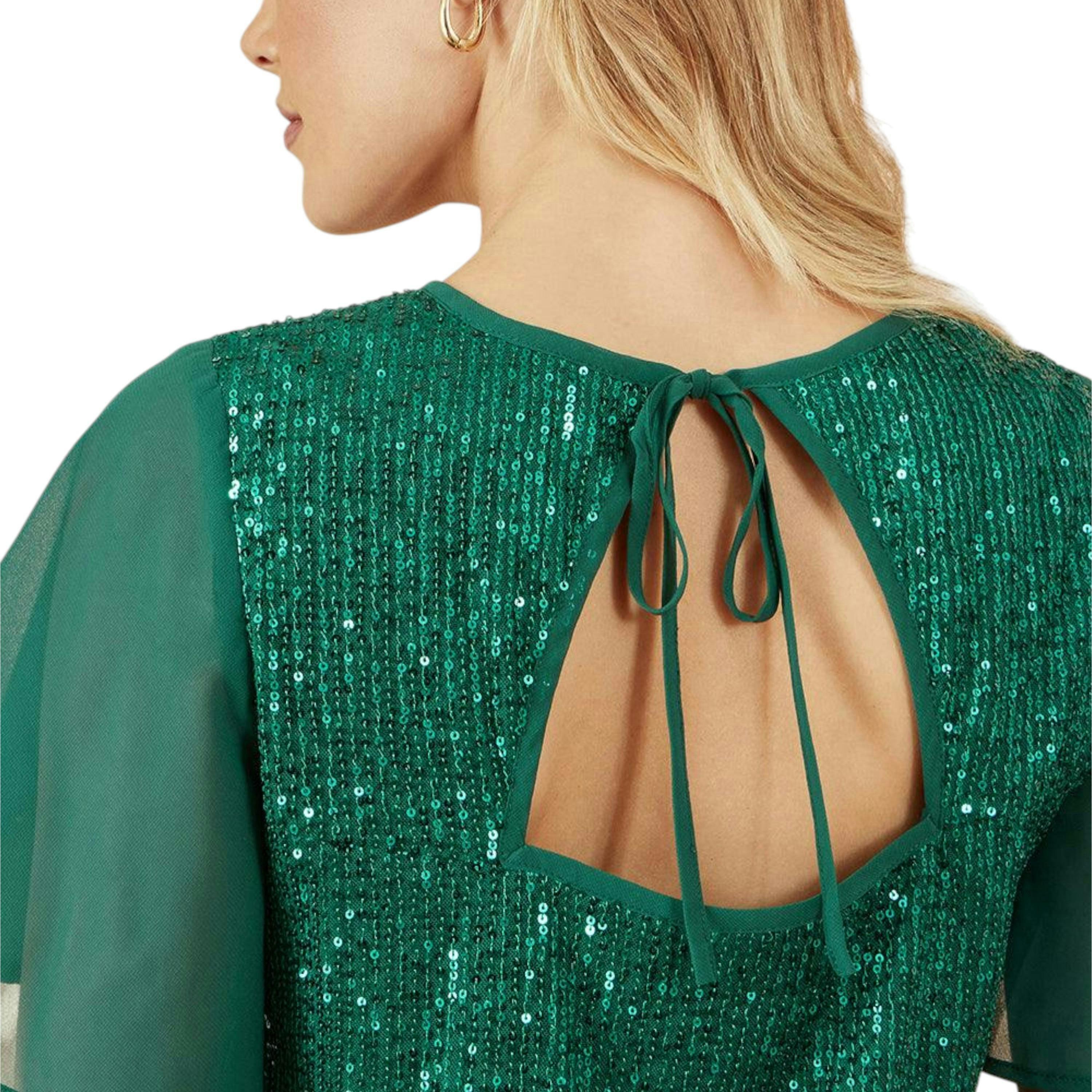 Yumi Green Sequin Top With Sheer Sleeves And Cut Out Back , view 2 of 6