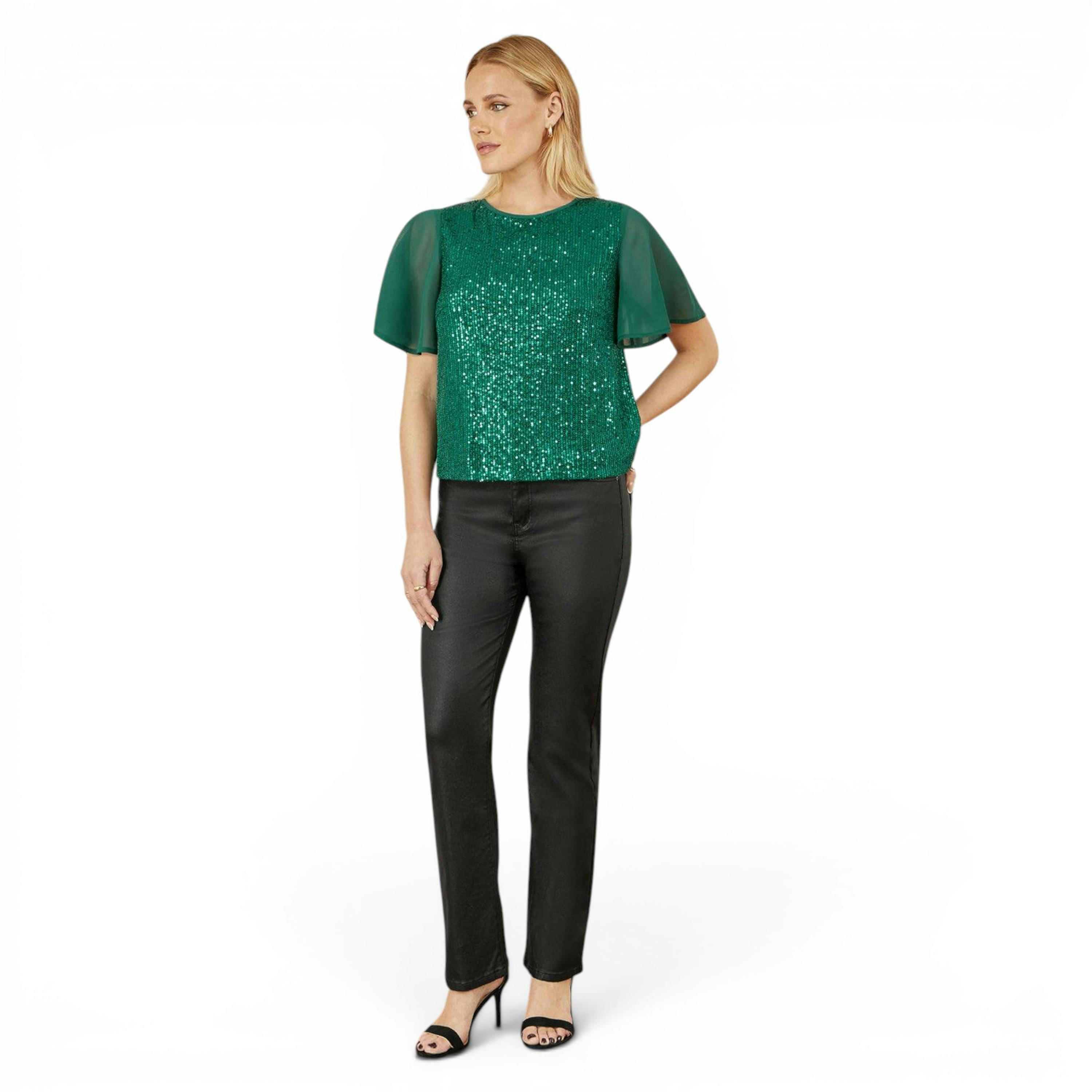 Yumi Green Sequin Top With Sheer Sleeves And Cut Out Back , view 4 of 6