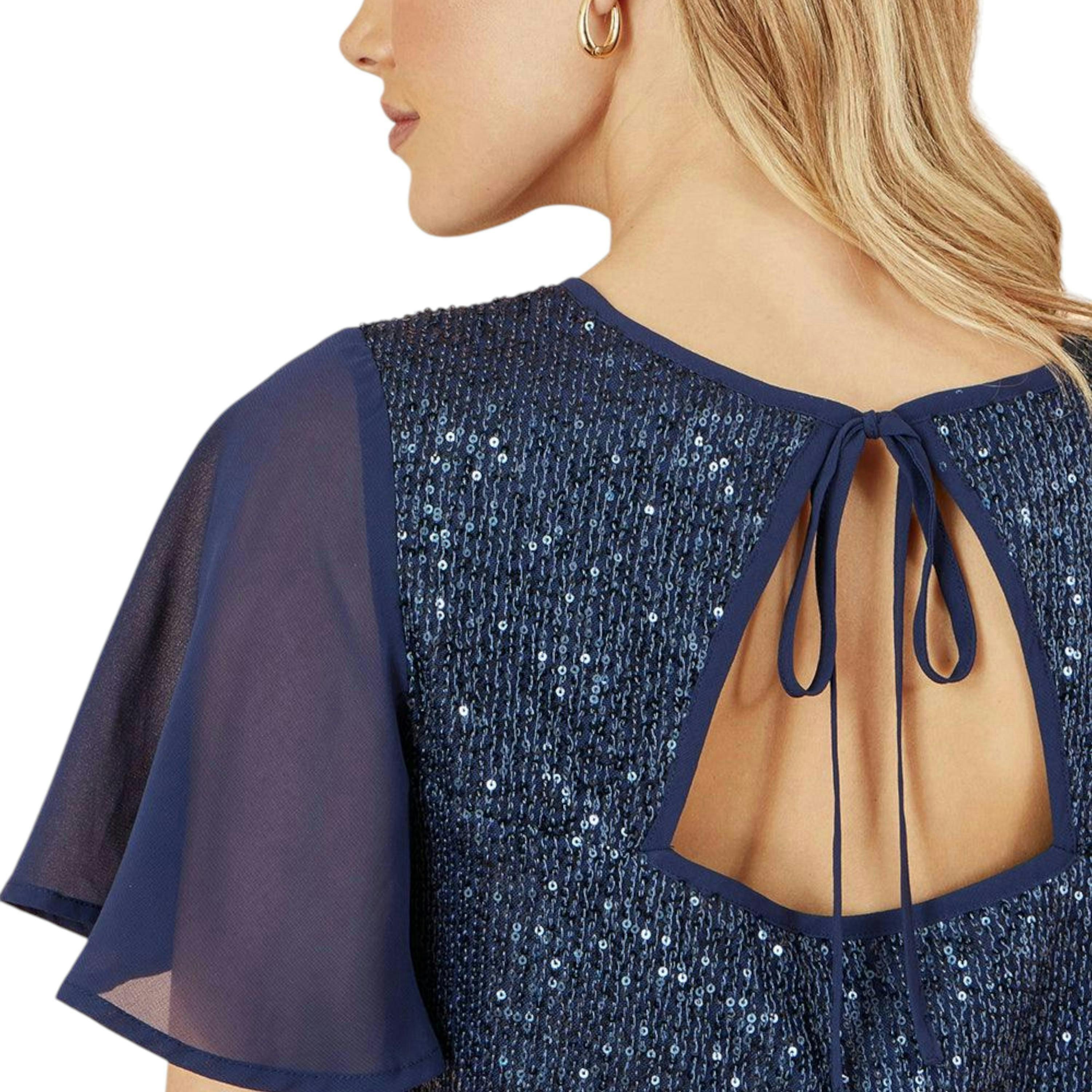 Yumi Navy Sequin Top With Sheer Sleeves And Cut Out Back , view 2 of 5