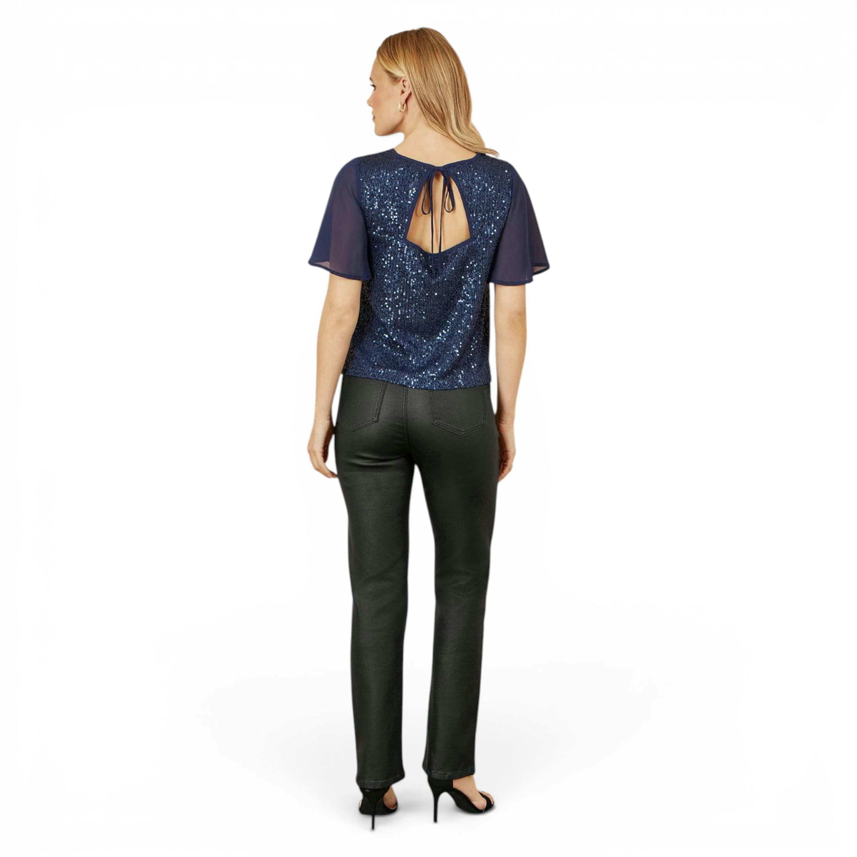 Yumi Navy Sequin Top With Sheer Sleeves And Cut Out Back , view 3 of 5
