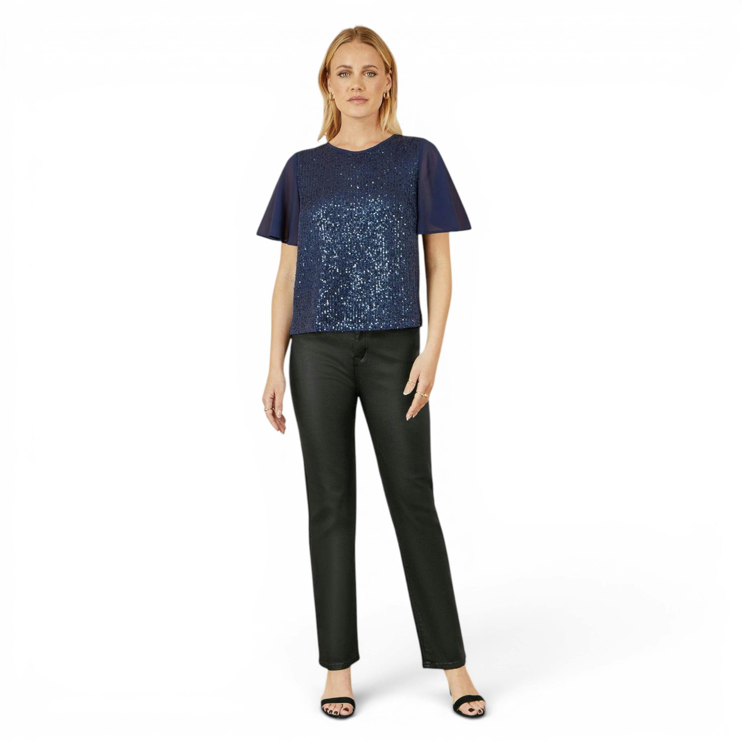 Yumi Navy Sequin Top With Sheer Sleeves And Cut Out Back , view 4 of 5