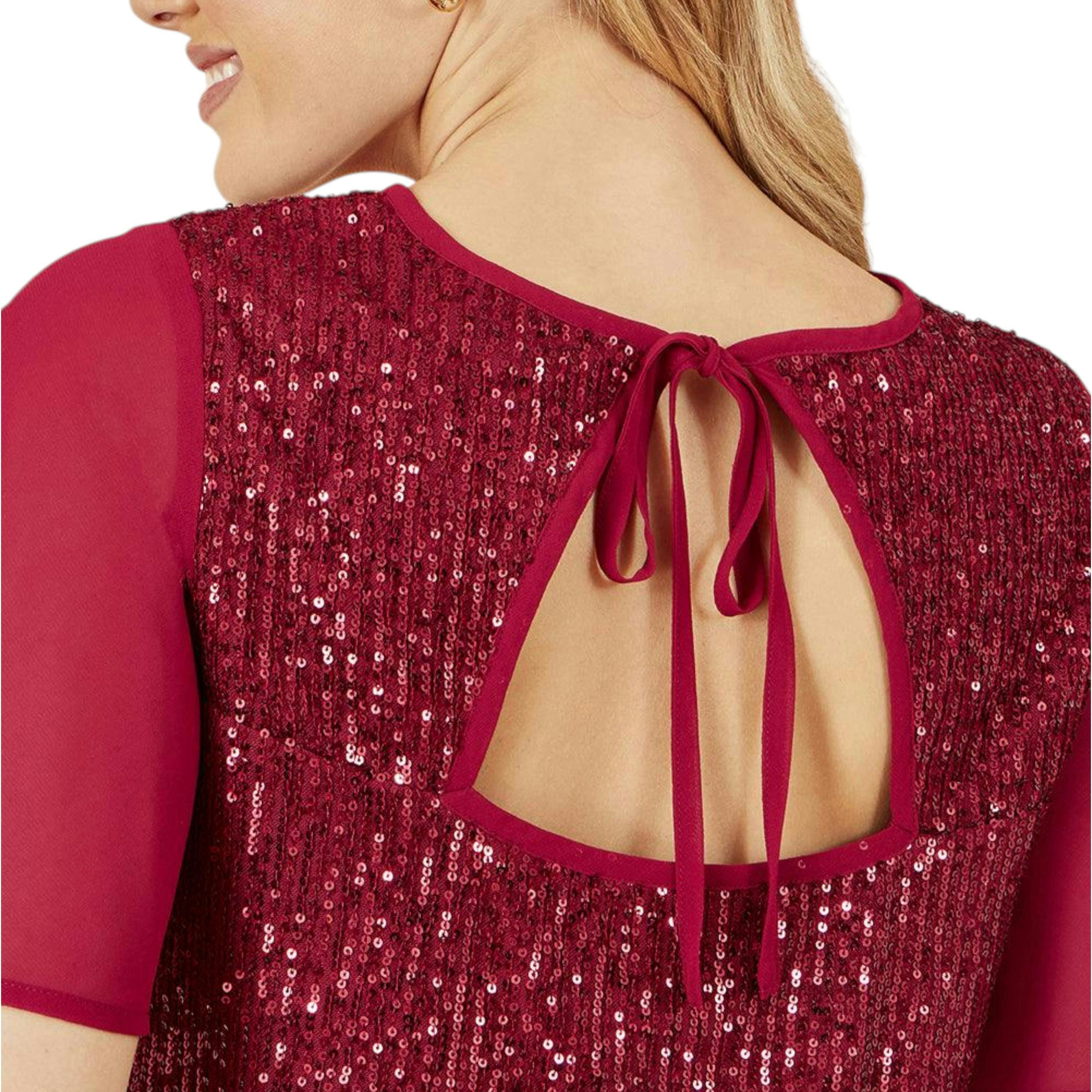 Yumi Burgundy Sequin Top With Sheer Sleeves And Cut Out Back , view 2 of 6