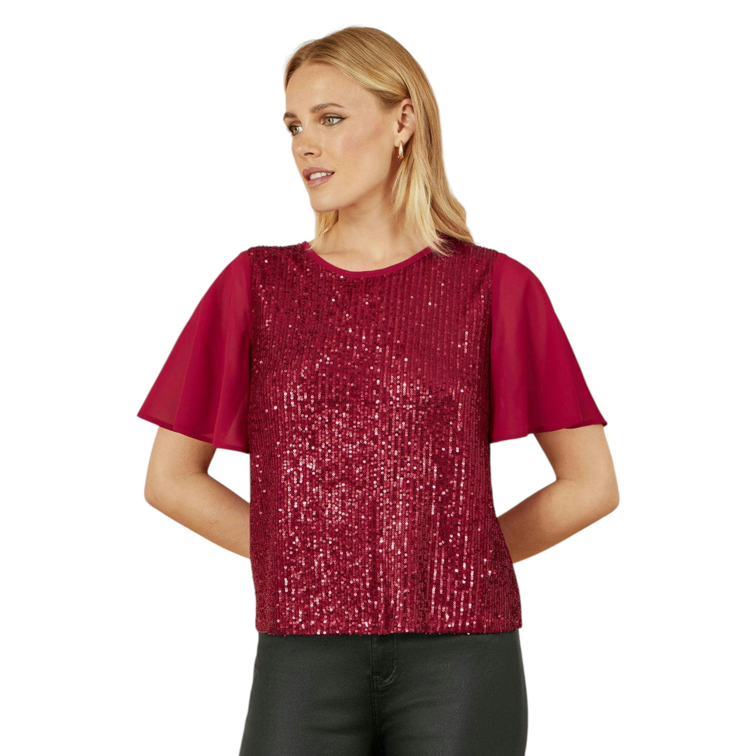 Yumi Burgundy Sequin Top With Sheer Sleeves And Cut Out Back , view 3 of 6