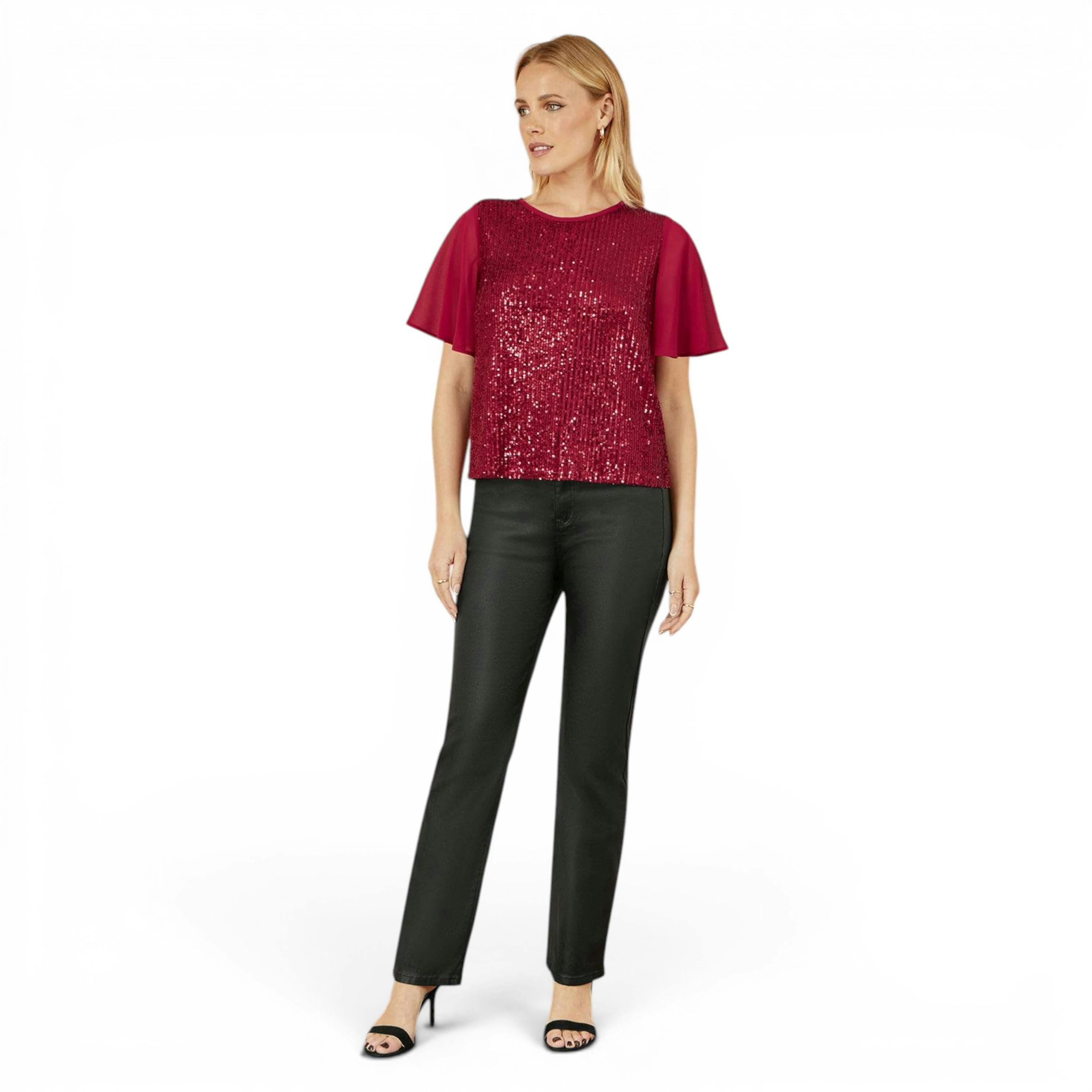 Yumi Burgundy Sequin Top With Sheer Sleeves And Cut Out Back , view 4 of 6