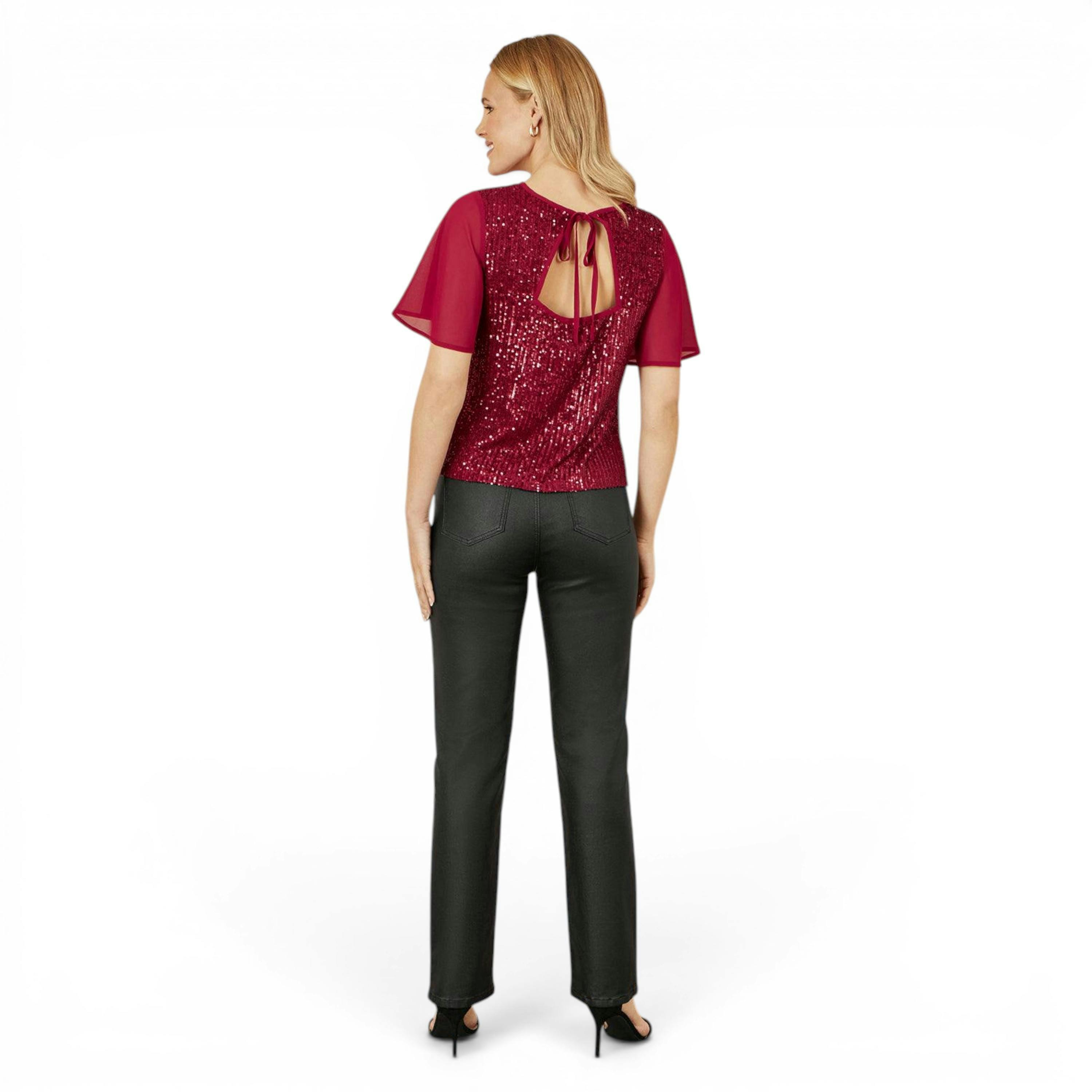 Yumi Burgundy Sequin Top With Sheer Sleeves And Cut Out Back , view 5 of 6