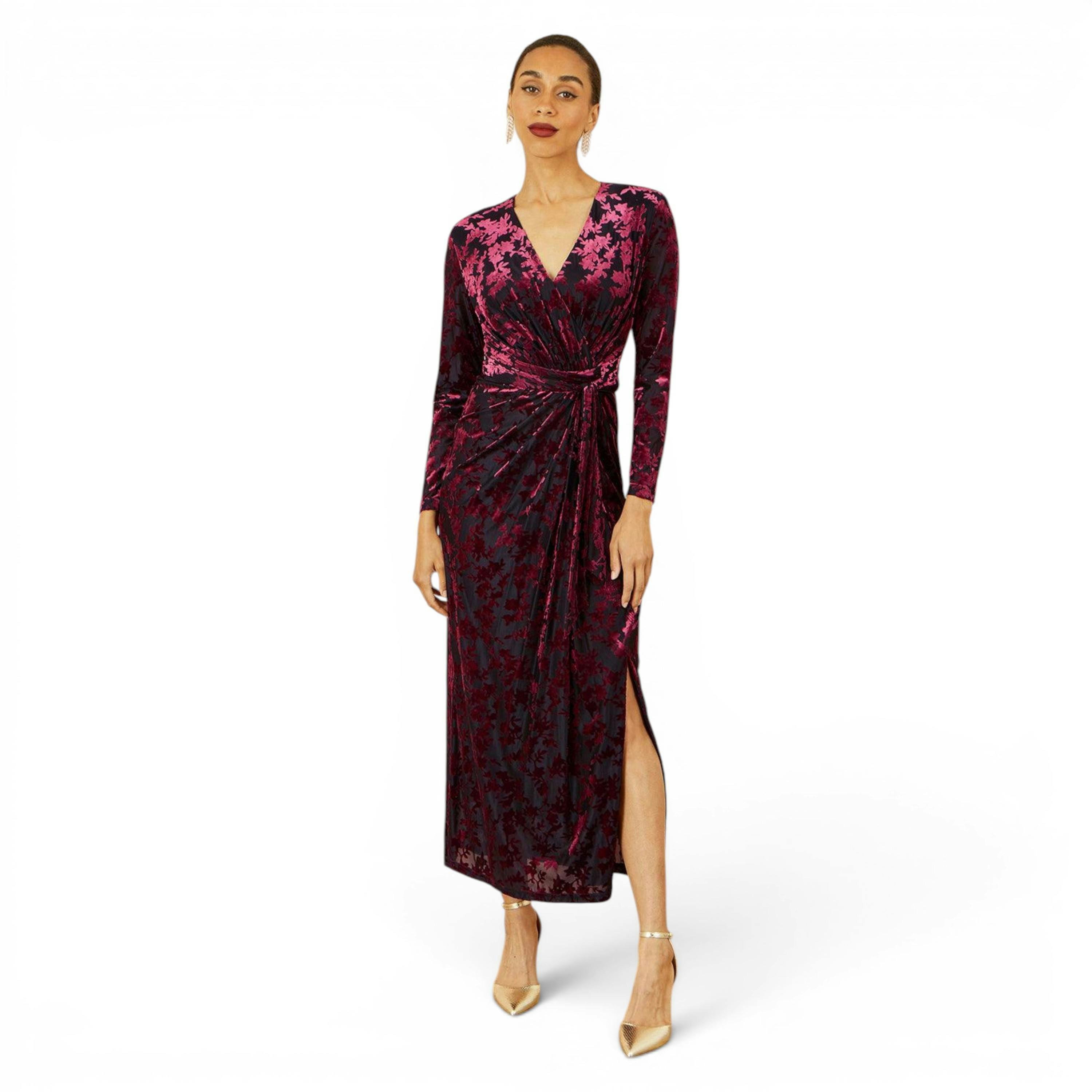 Yumi Burgundy Velour Stretch Midi Dress With Long Sleeves , view 1 of 6