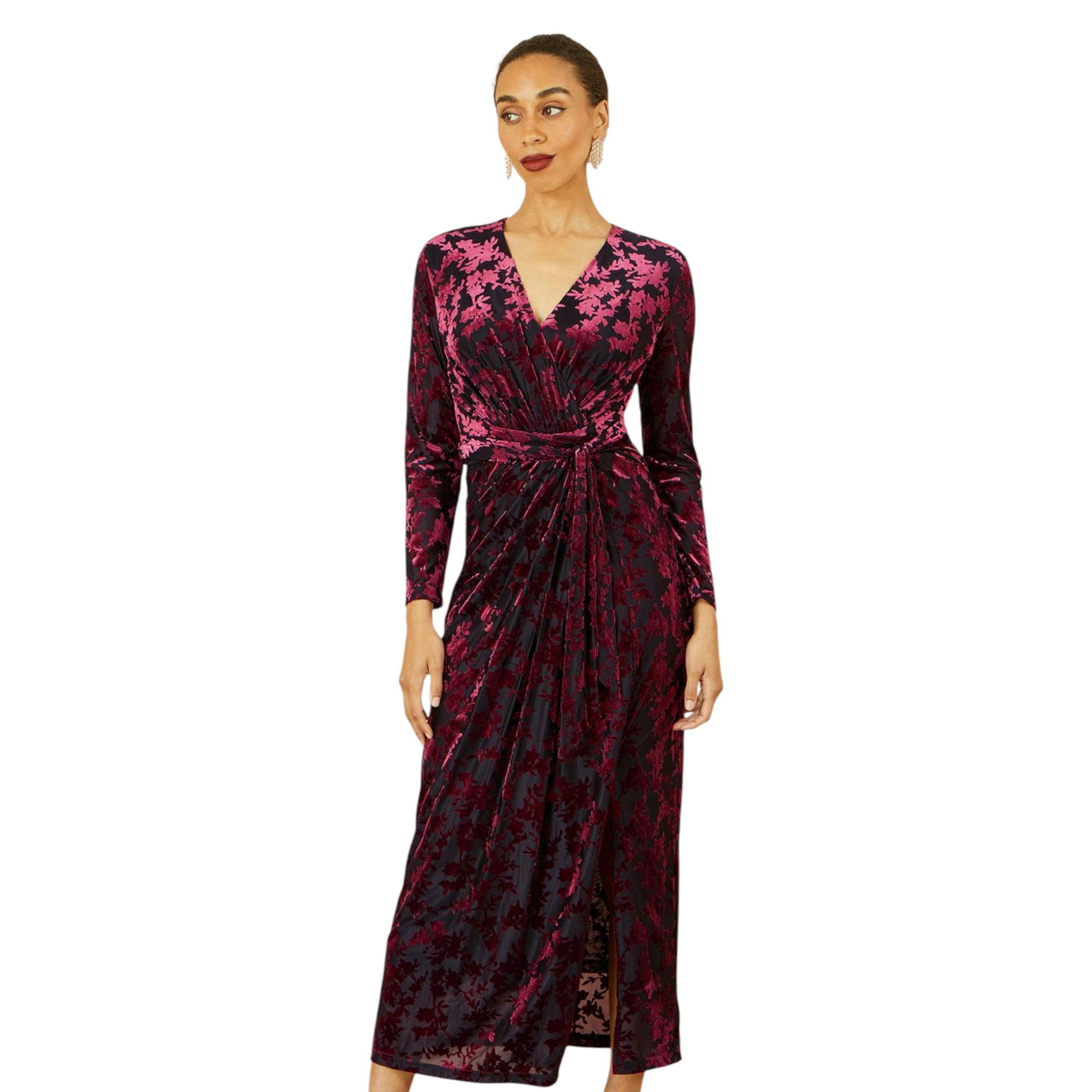 Yumi Burgundy Velour Stretch Midi Dress With Long Sleeves , view 2 of 6