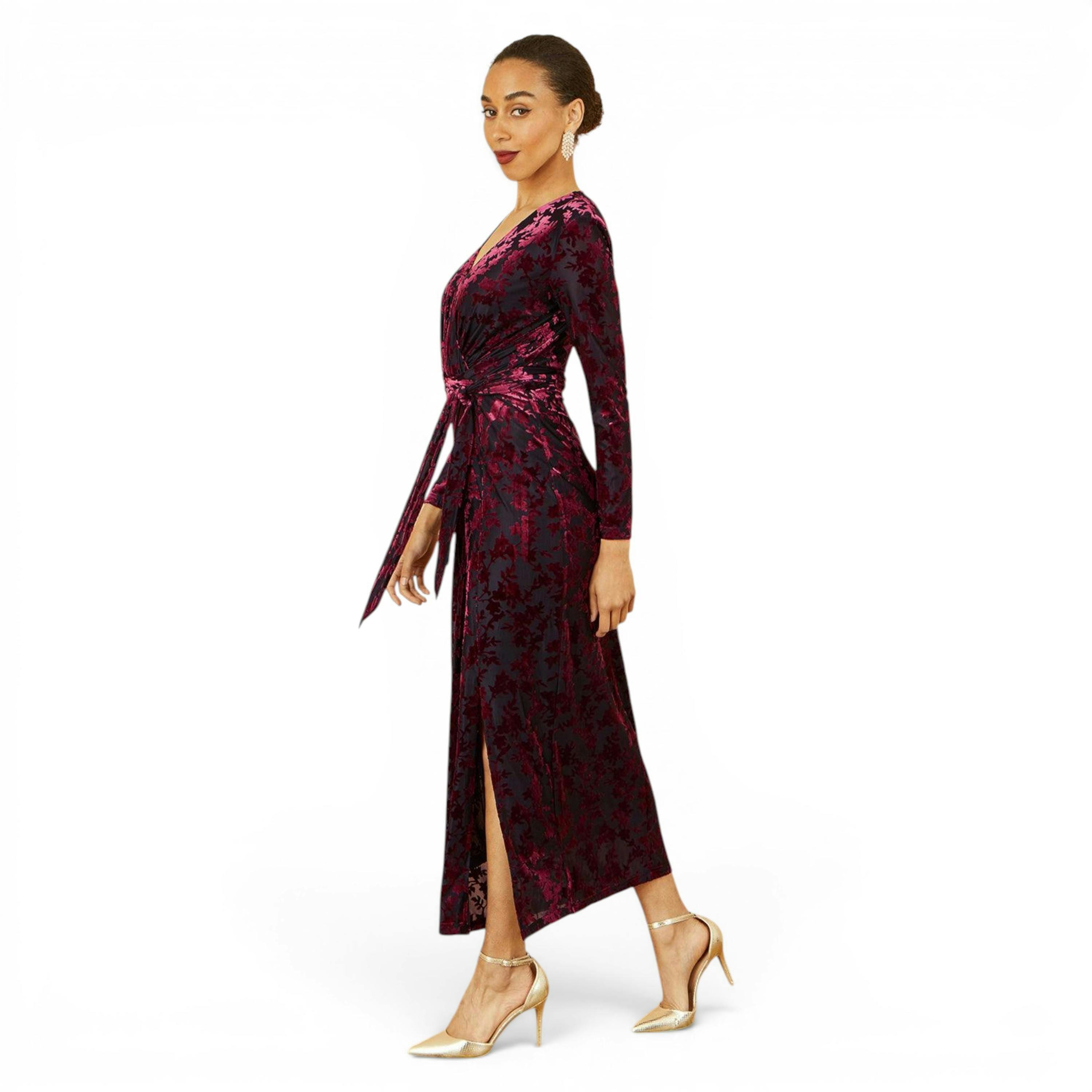 Yumi Burgundy Velour Stretch Midi Dress With Long Sleeves , view 3 of 6