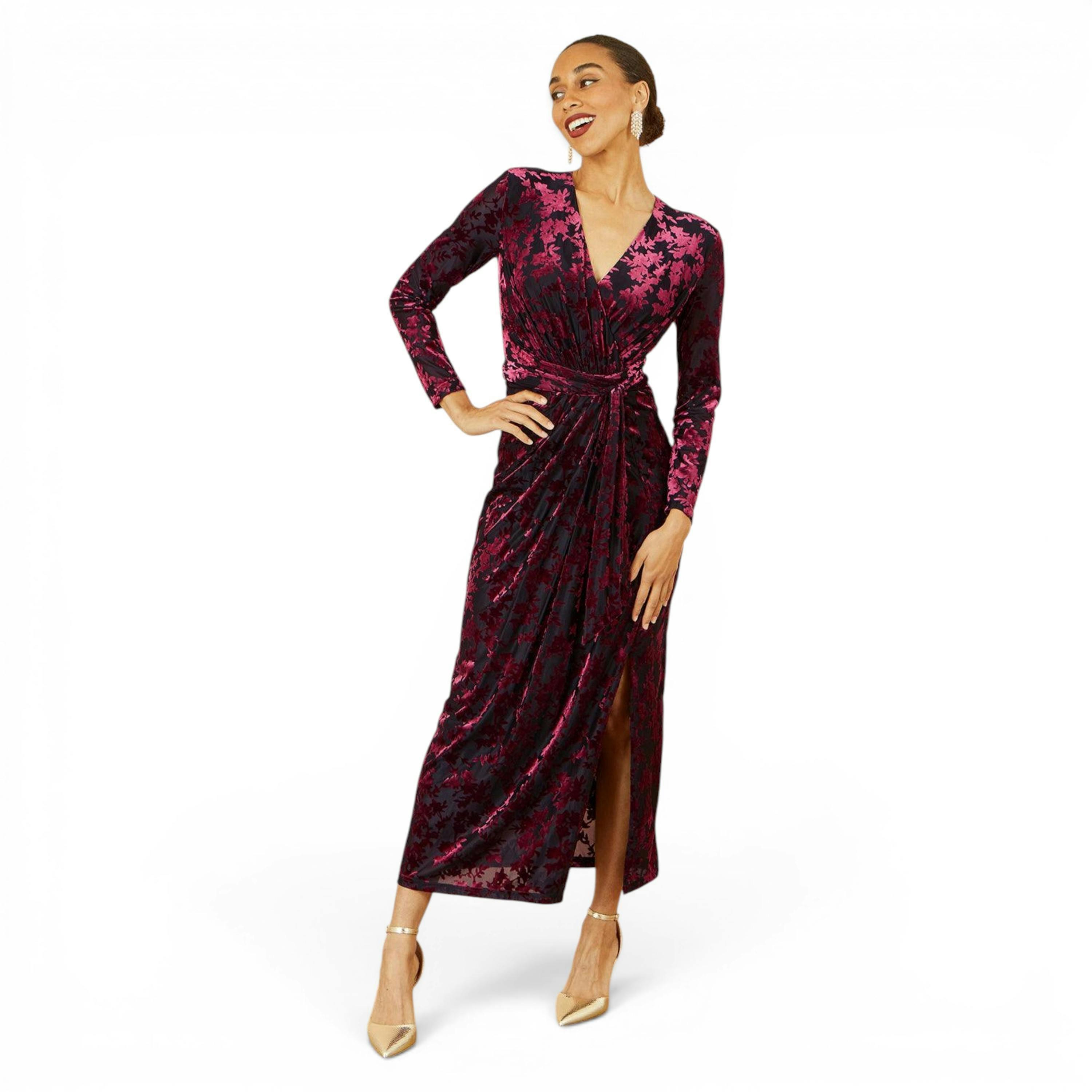 Yumi Burgundy Velour Stretch Midi Dress With Long Sleeves , view 4 of 6