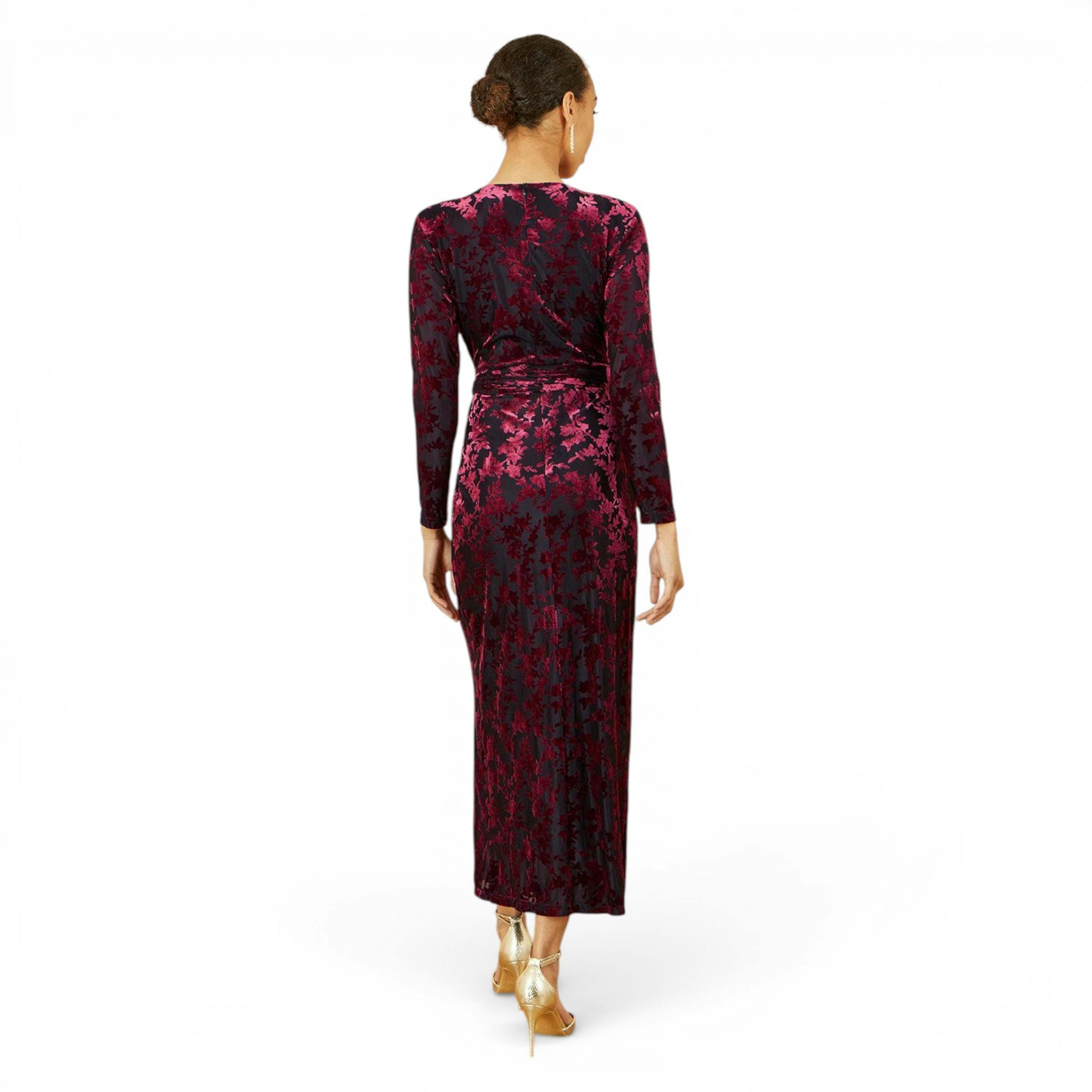 Yumi Burgundy Velour Stretch Midi Dress With Long Sleeves , view 5 of 6