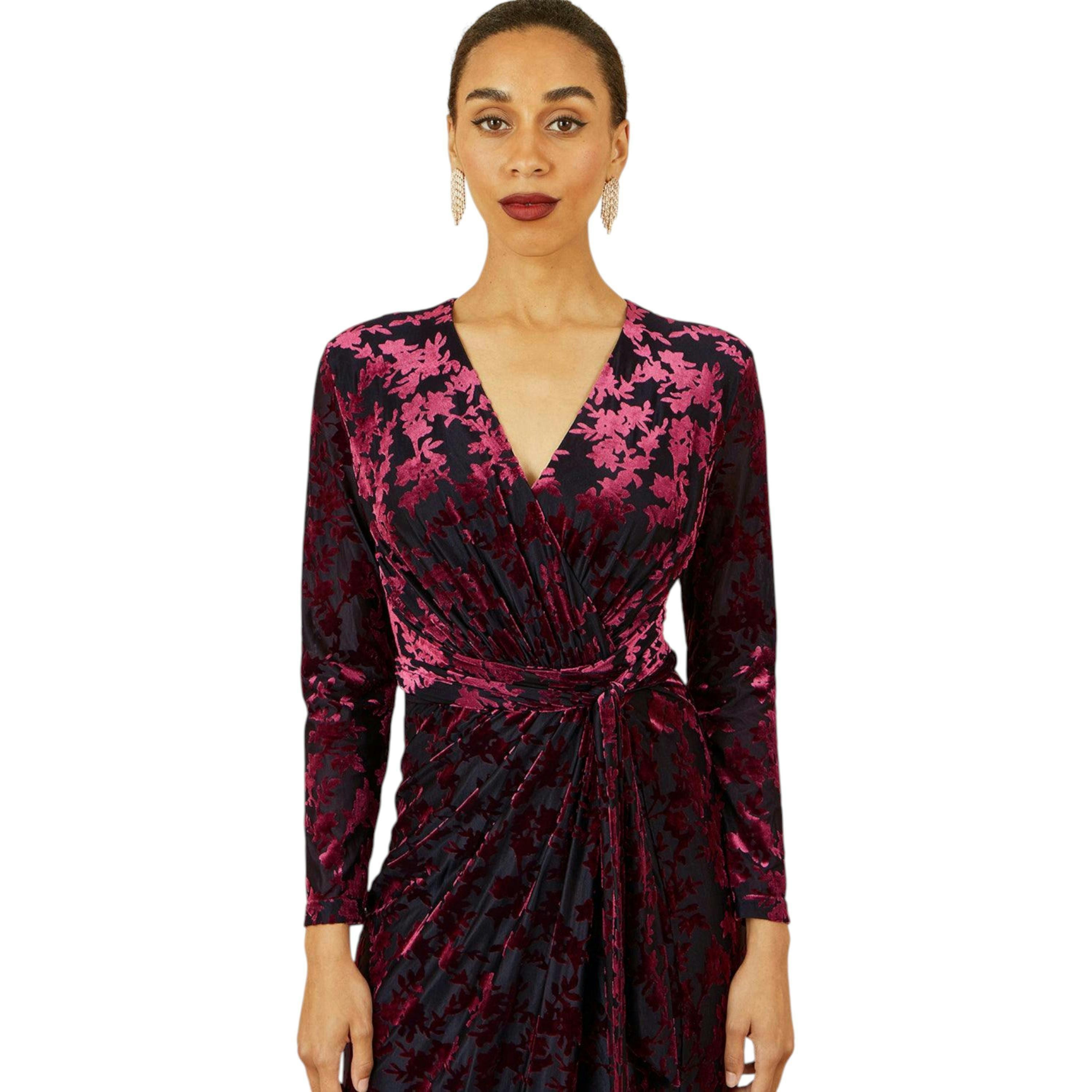 Yumi Burgundy Velour Stretch Midi Dress With Long Sleeves , view 6 of 6