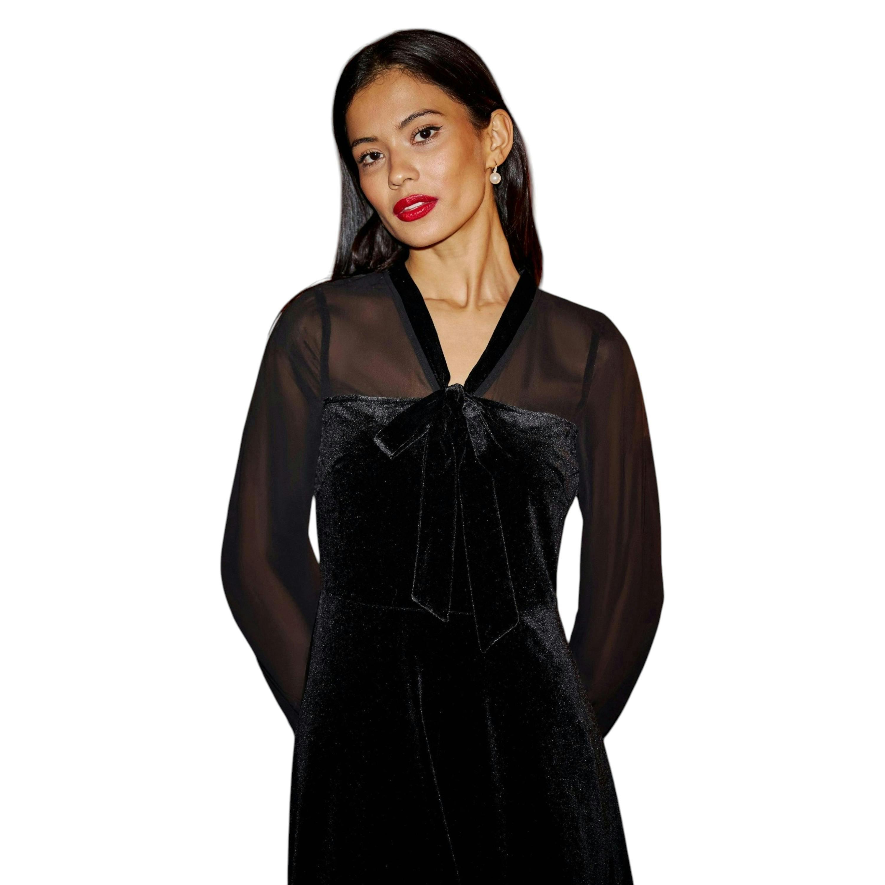 Yumi Black Velvet Pussy Bow Sheer Sleeves Skater Dress , view 2 of 6