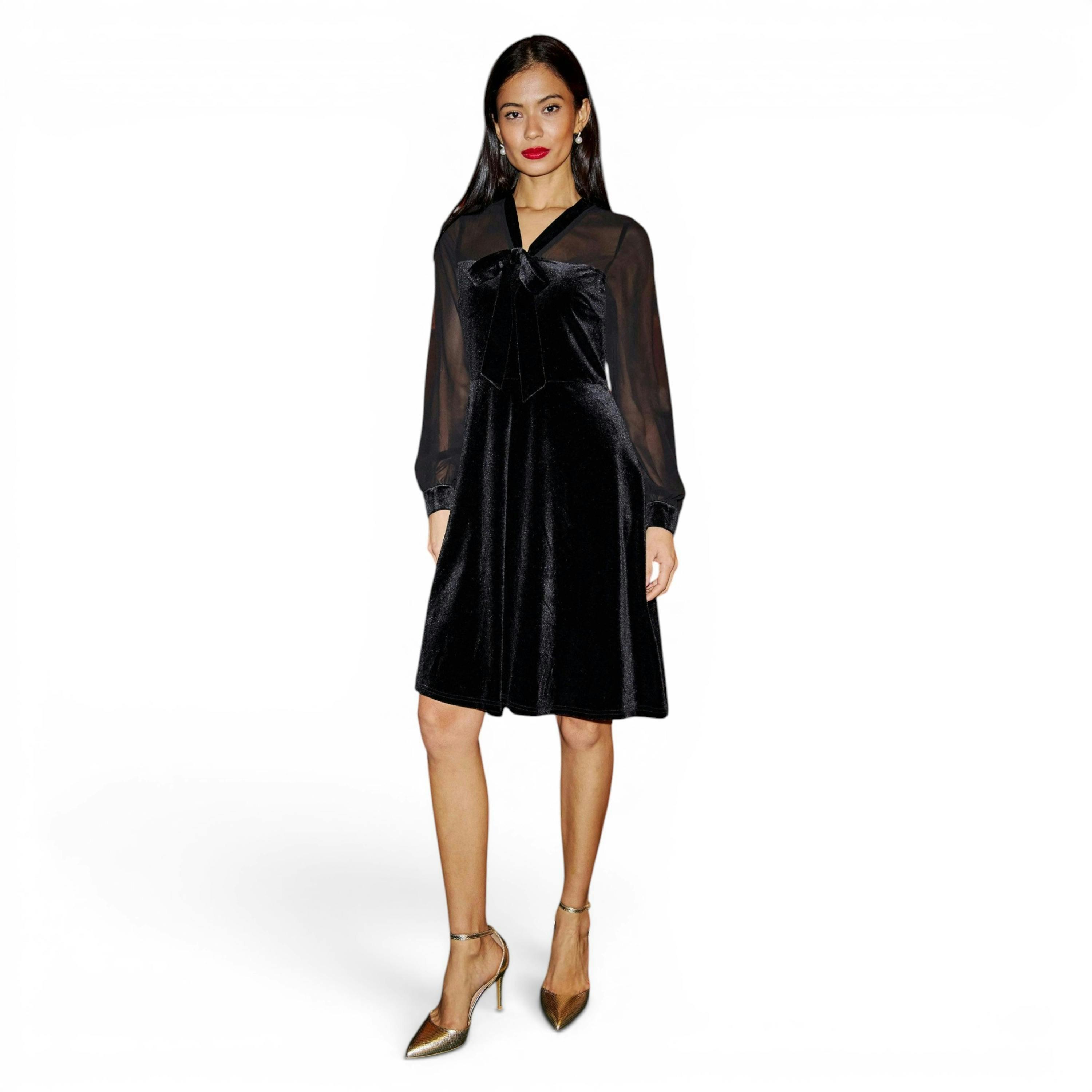Yumi Black Velvet Pussy Bow Sheer Sleeves Skater Dress , view 3 of 6