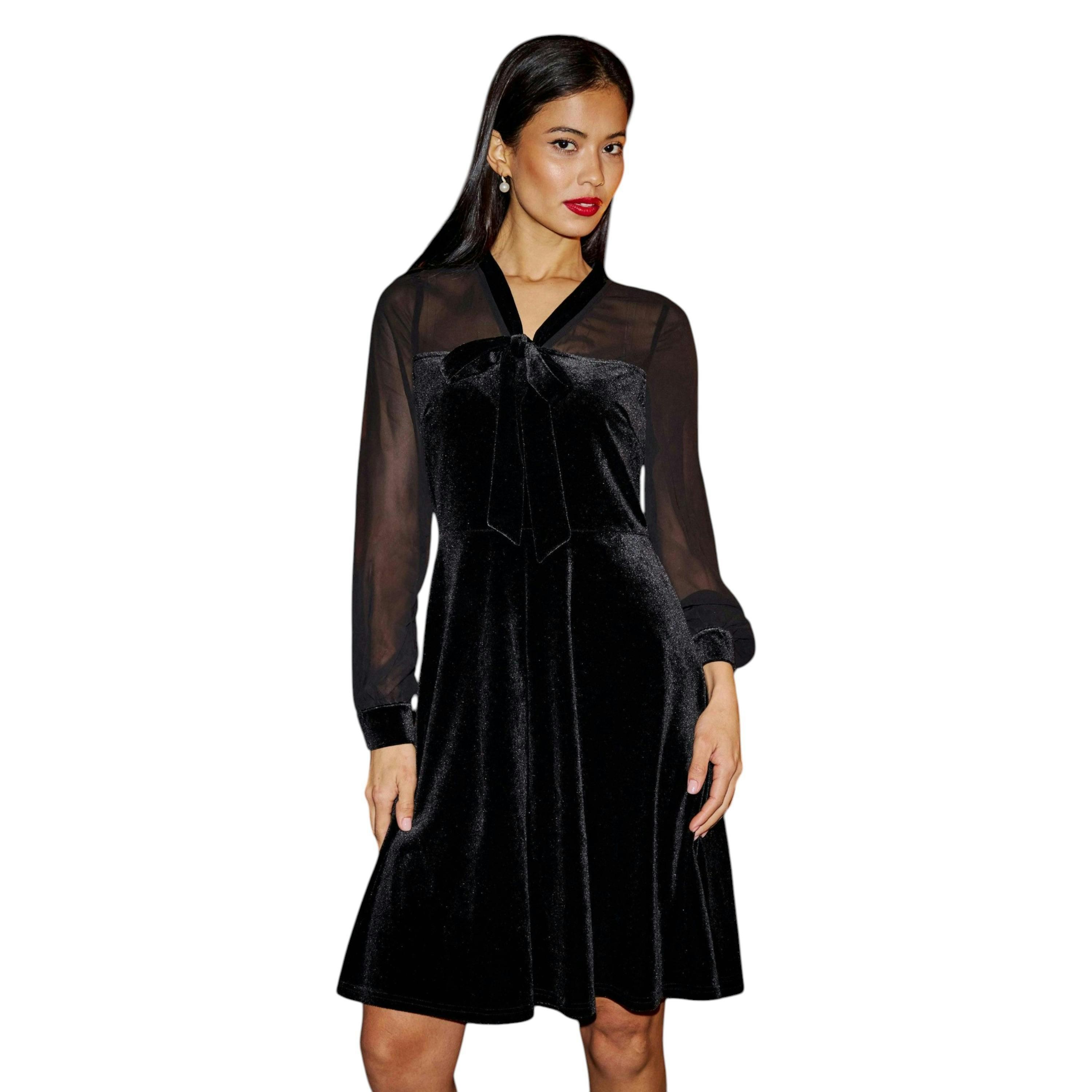 Yumi Black Velvet Pussy Bow Sheer Sleeves Skater Dress , view 6 of 6
