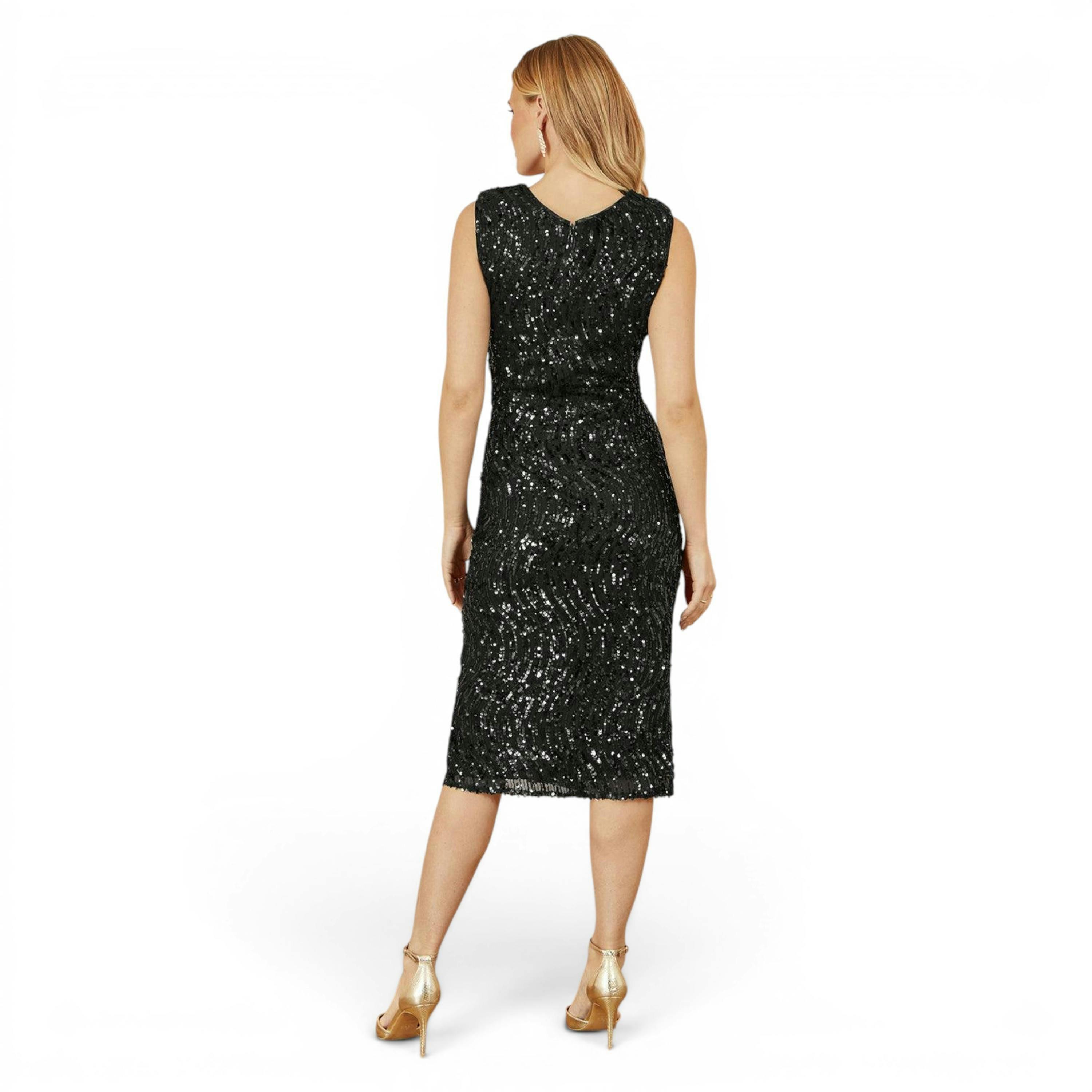 Yumi Black Sequin Fitted Wrap Dress With Split Hem , view 4 of 6