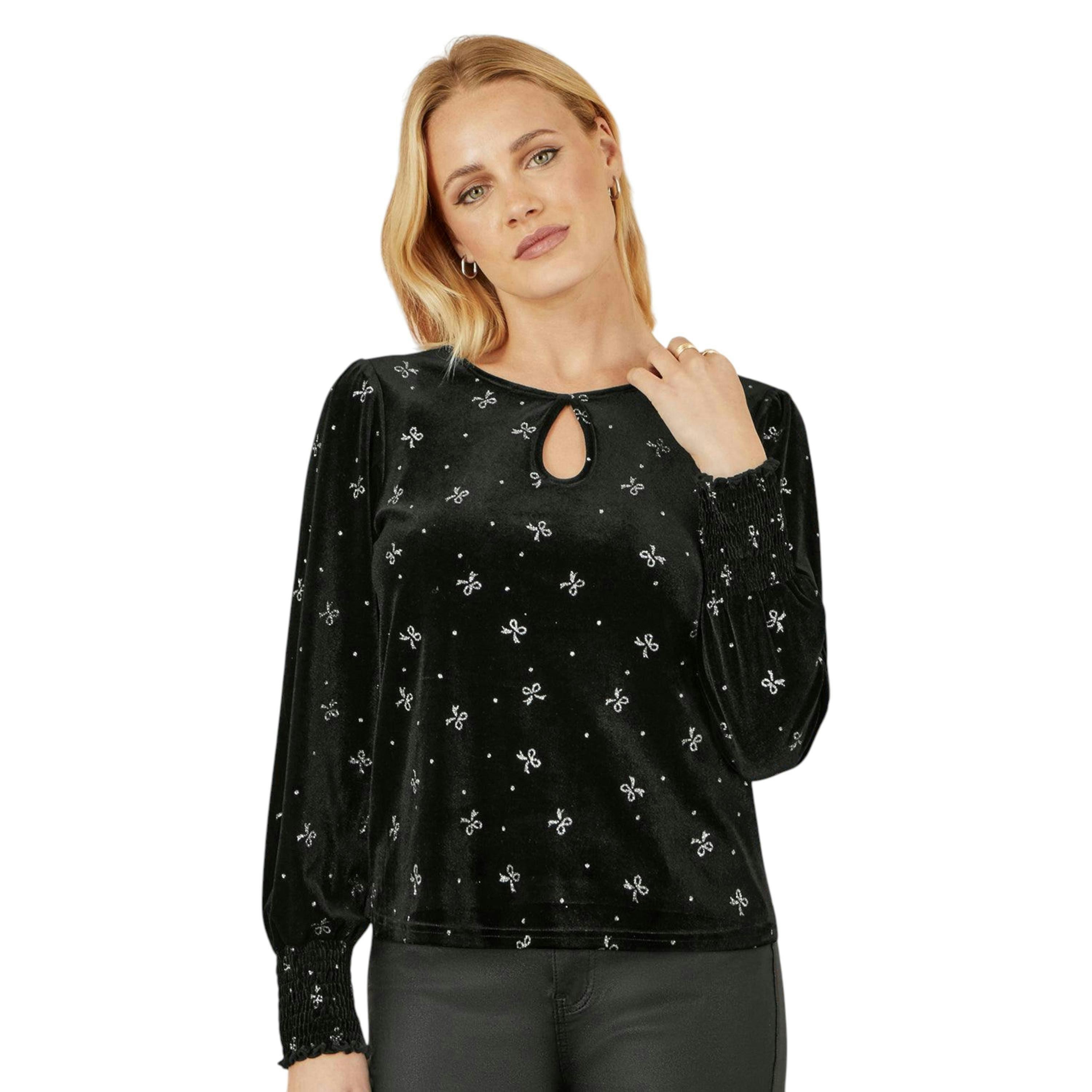 Yumi Black Sparkle Bow Print Velvet Top , view 1 of 6